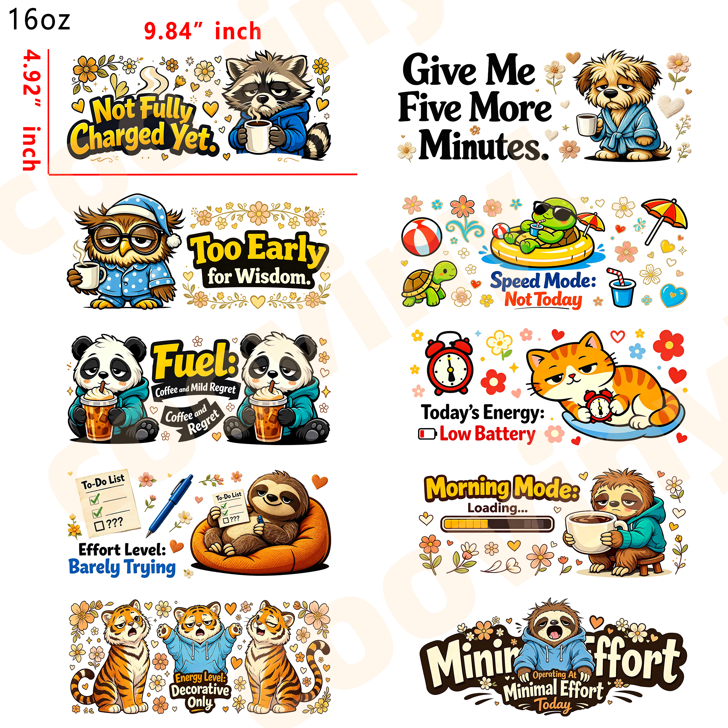 (M13)  10pcs sarcastic animal 16OZ Tumbler Cup Wraps, Waterproof Fade-Resistant Decal Stickers, Vivid HD Print with Strong Adhesion, Customizable Transfers for Glass Cups, Mugs & Smooth Surfaces, DIY Art Craft Supplies