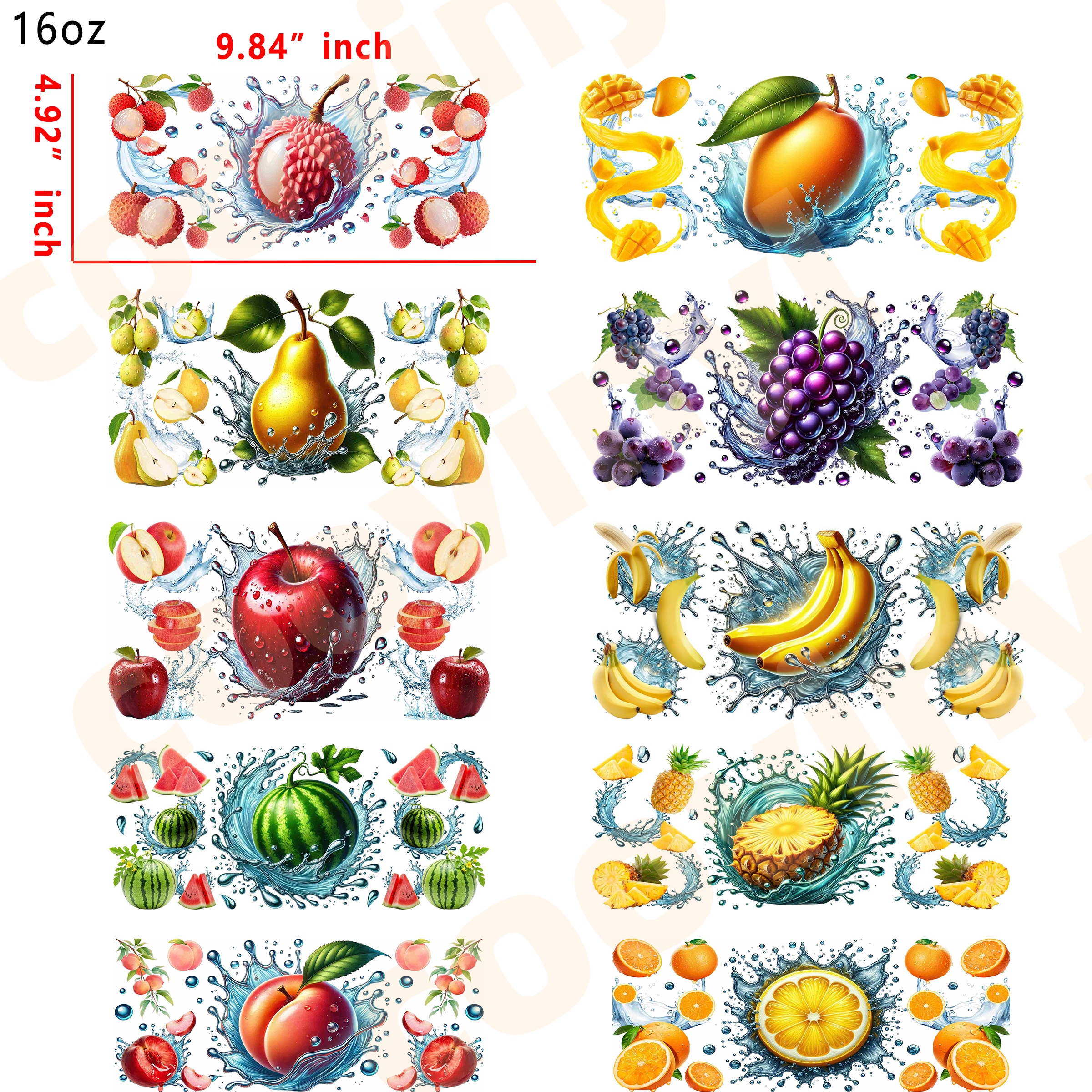 (M90)  10pcs fruit 16OZ Tumbler Cup Wraps, Waterproof Fade-Resistant Decal Stickers, Vivid HD Print with Strong Adhesion, Customizable Transfers for Glass Cups, Mugs & Smooth Surfaces, DIY Art Craft Supplies