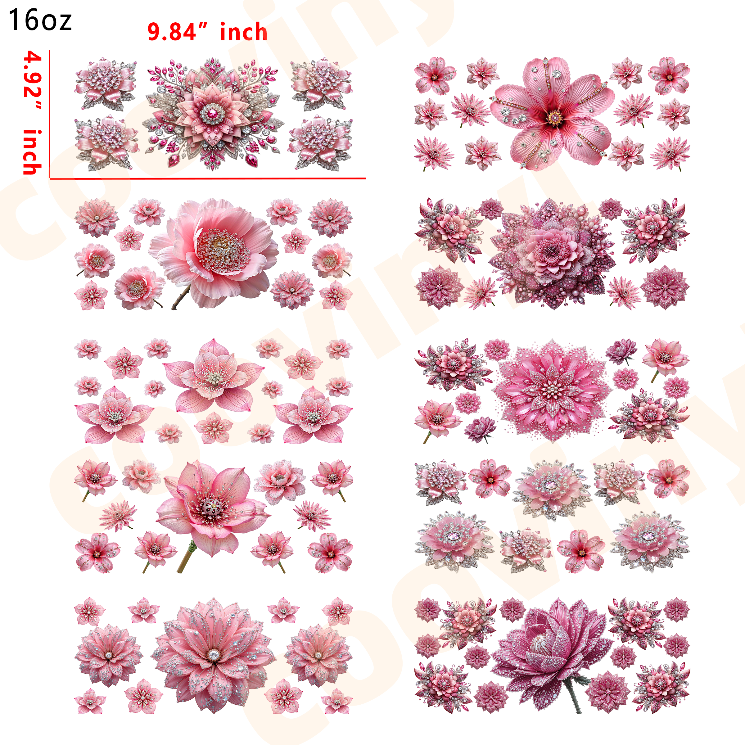 (R60)  10pcs flower 16OZ Tumbler Cup Wraps, Waterproof Fade-Resistant Decal Stickers, Vivid HD Print with Strong Adhesion, Customizable Transfers for Glass Cups, Mugs & Smooth Surfaces, DIY Art Craft Supplies