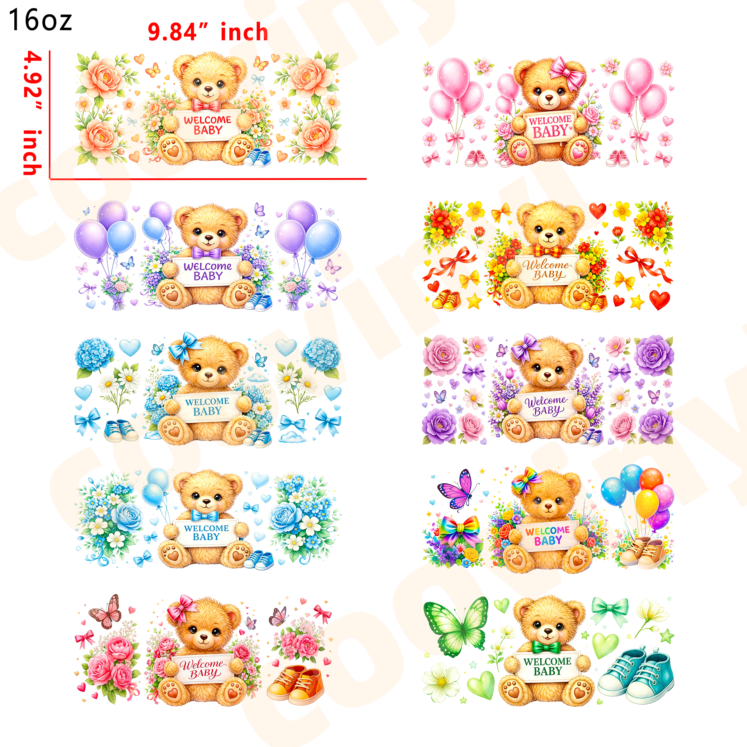 (R61)  10pcs welcome baby 16OZ Tumbler Cup Wraps, Waterproof Fade-Resistant Decal Stickers, Vivid HD Print with Strong Adhesion, Customizable Transfers for Glass Cups, Mugs & Smooth Surfaces, DIY Art Craft Supplies