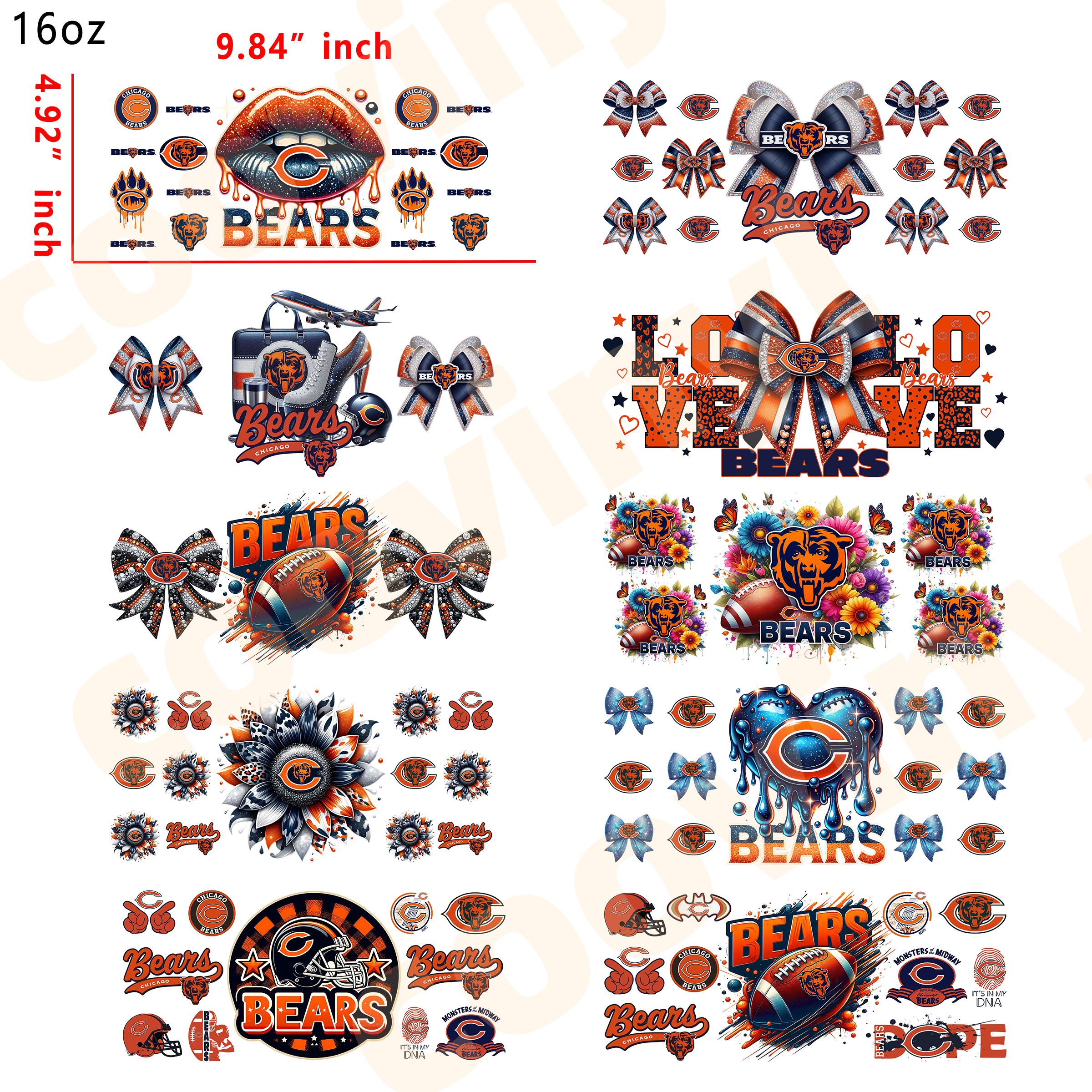(K48) 10pcs  BEARS 16OZ Tumbler Cup Wraps, Waterproof Fade-Resistant Decal Stickers, Vivid HD Print with Strong Adhesion, Customizable Transfers for Glass Cups, Mugs & Smooth Surfaces, DIY Art Craft Supplies