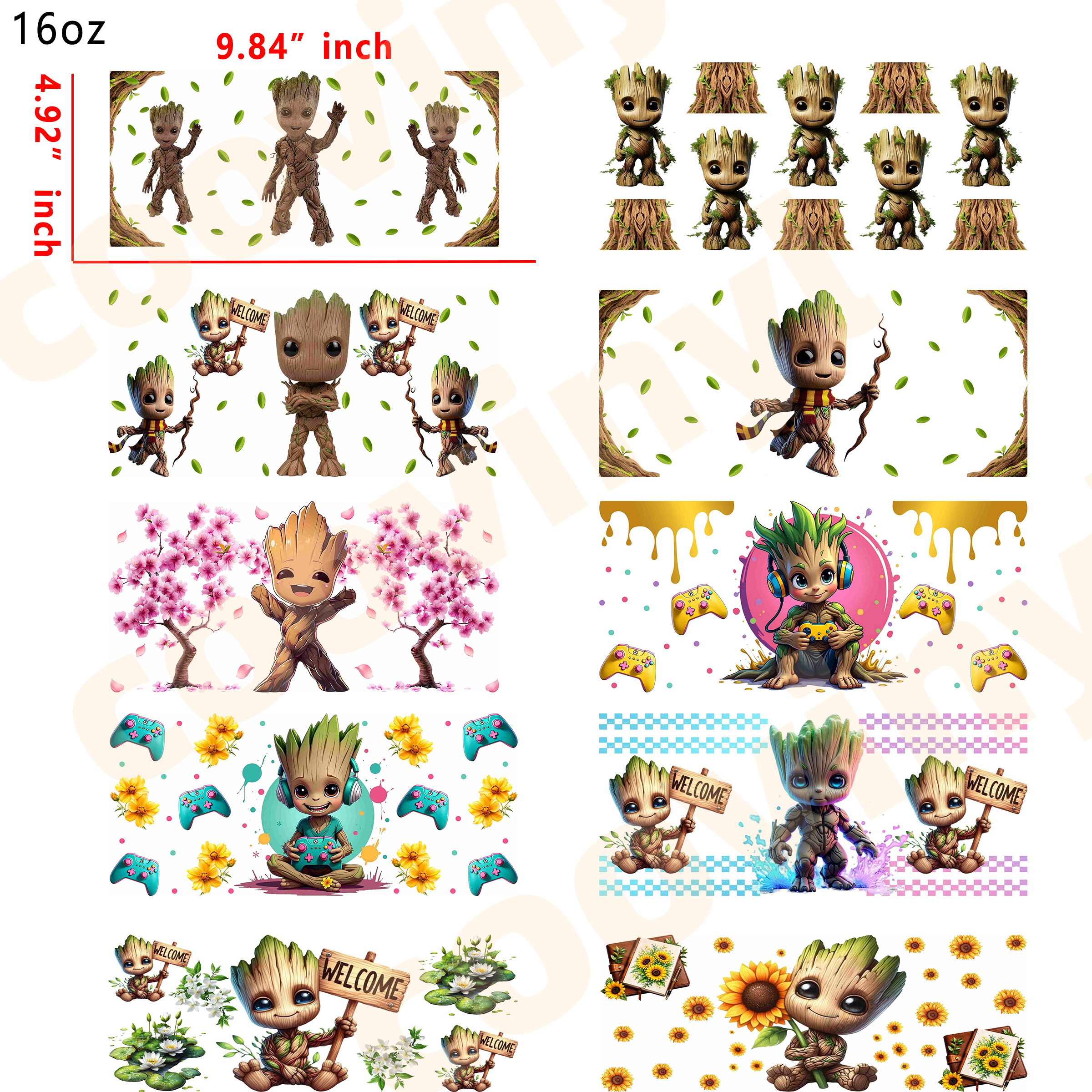 (L26)  10pcs Groot 16OZ Tumbler Cup Wraps, Waterproof Fade-Resistant Decal Stickers, Vivid HD Print with Strong Adhesion, Customizable Transfers for Glass Cups, Mugs & Smooth Surfaces, DIY Art Craft Supplies