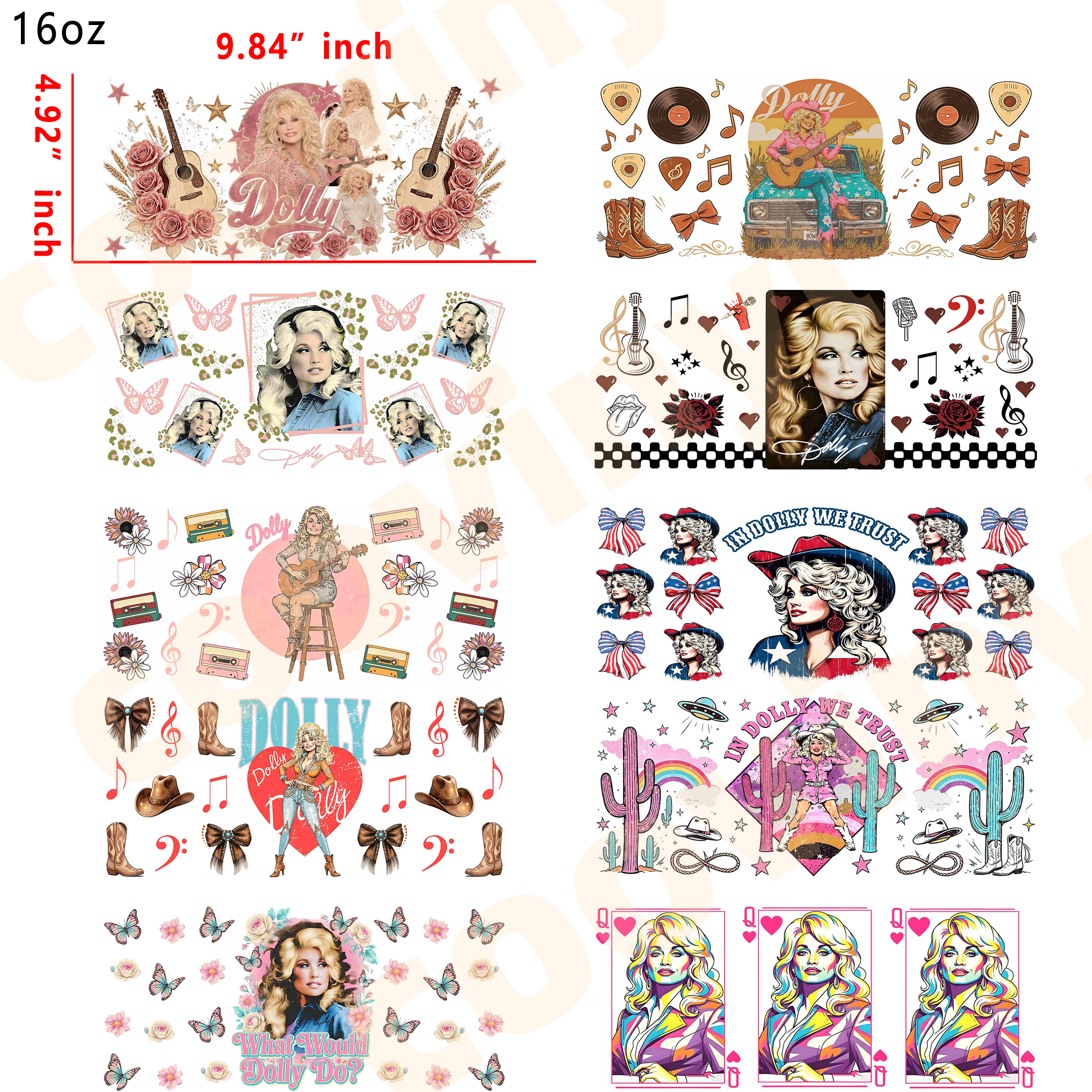 (R63)  10pcs Dolly Parton 16OZ Tumbler Cup Wraps, Waterproof Fade-Resistant Decal Stickers, Vivid HD Print with Strong Adhesion, Customizable Transfers for Glass Cups, Mugs & Smooth Surfaces, DIY Art Craft Supplies