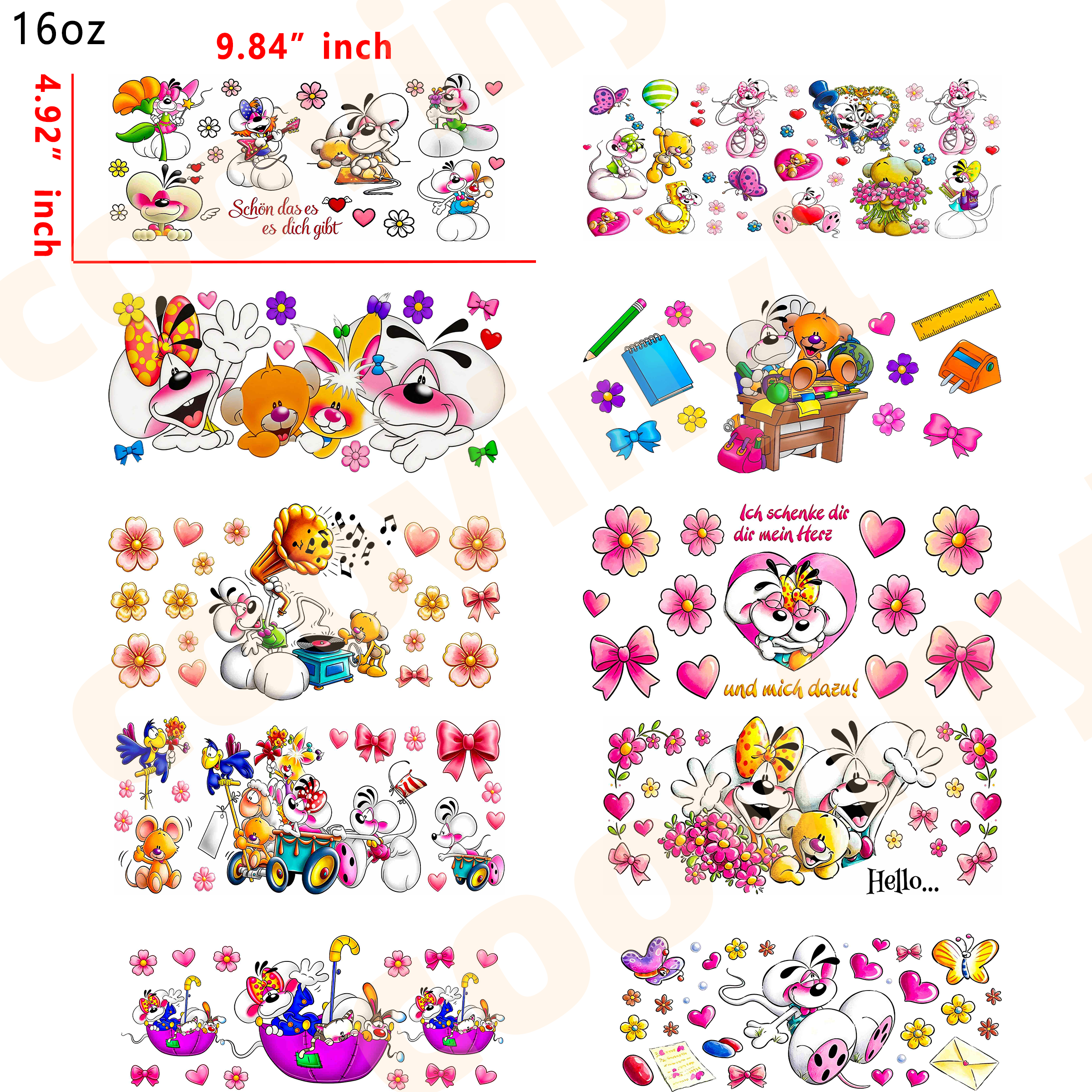 (R64)  10pcs Diddl-Maus 16OZ Tumbler Cup Wraps, Waterproof Fade-Resistant Decal Stickers, Vivid HD Print with Strong Adhesion, Customizable Transfers for Glass Cups, Mugs & Smooth Surfaces, DIY Art Craft Supplies