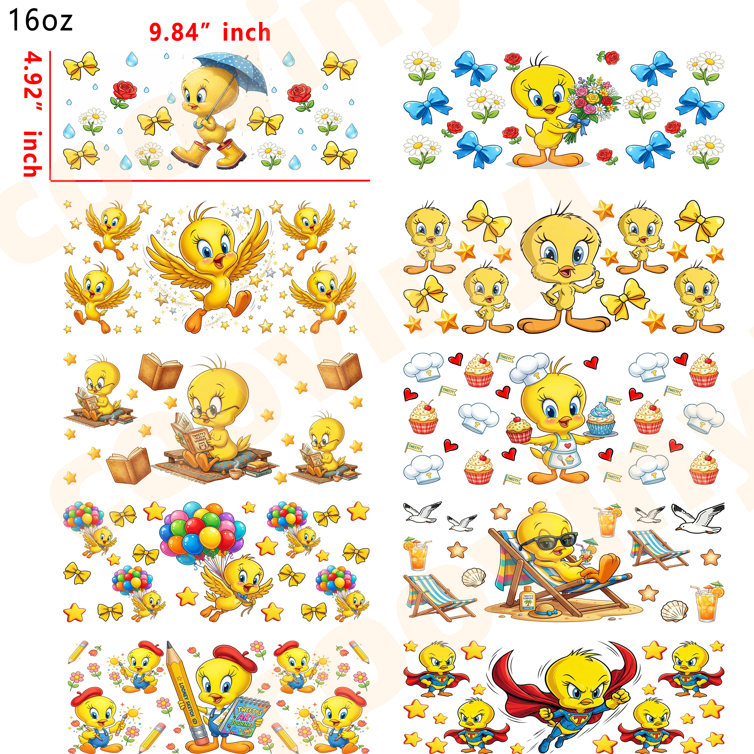 (R66)  10pcs Tweety Bird 16OZ Tumbler Cup Wraps, Waterproof Fade-Resistant Decal Stickers, Vivid HD Print with Strong Adhesion, Customizable Transfers for Glass Cups, Mugs & Smooth Surfaces, DIY Art Craft Supplies