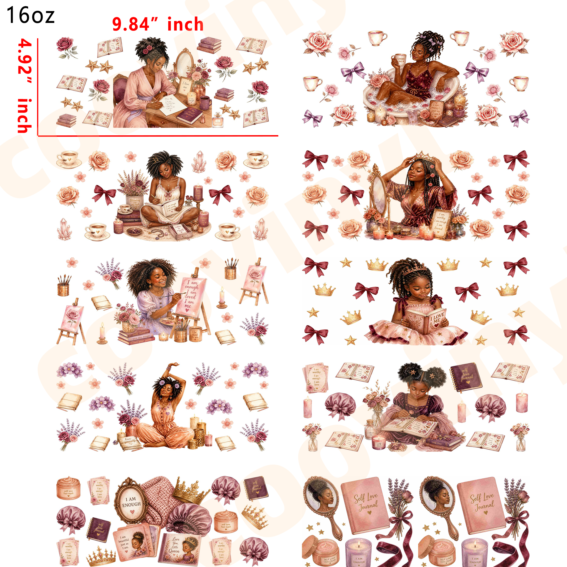 (R67)  10pcs black girl 16OZ Tumbler Cup Wraps, Waterproof Fade-Resistant Decal Stickers, Vivid HD Print with Strong Adhesion, Customizable Transfers for Glass Cups, Mugs & Smooth Surfaces, DIY Art Craft Supplies