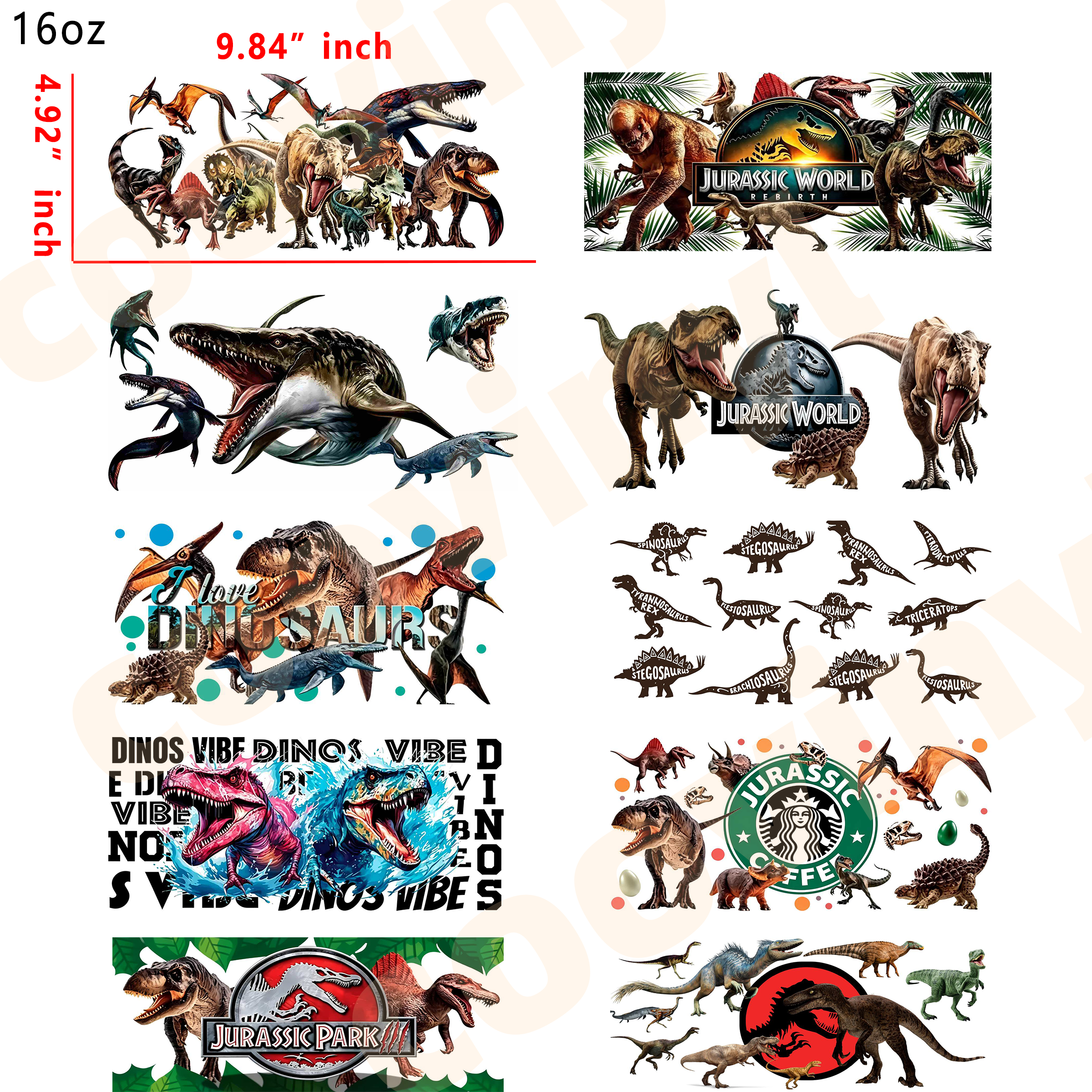 (R68)  10pcs Jurassic 16OZ Tumbler Cup Wraps, Waterproof Fade-Resistant Decal Stickers, Vivid HD Print with Strong Adhesion, Customizable Transfers for Glass Cups, Mugs & Smooth Surfaces, DIY Art Craft Supplies
