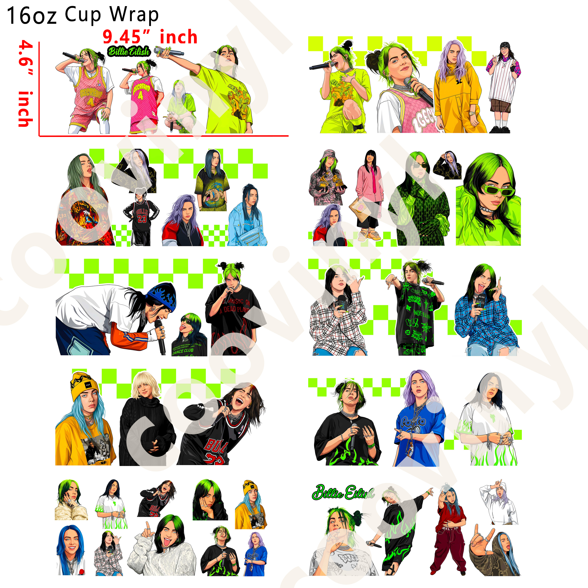 (M78)  10pcs Billie Eilish 16OZ Tumbler Cup Wraps, Waterproof Fade-Resistant Decal Stickers, Vivid HD Print with Strong Adhesion, Customizable Transfers for Glass Cups, Mugs & Smooth Surfaces, DIY Art Craft Supplies