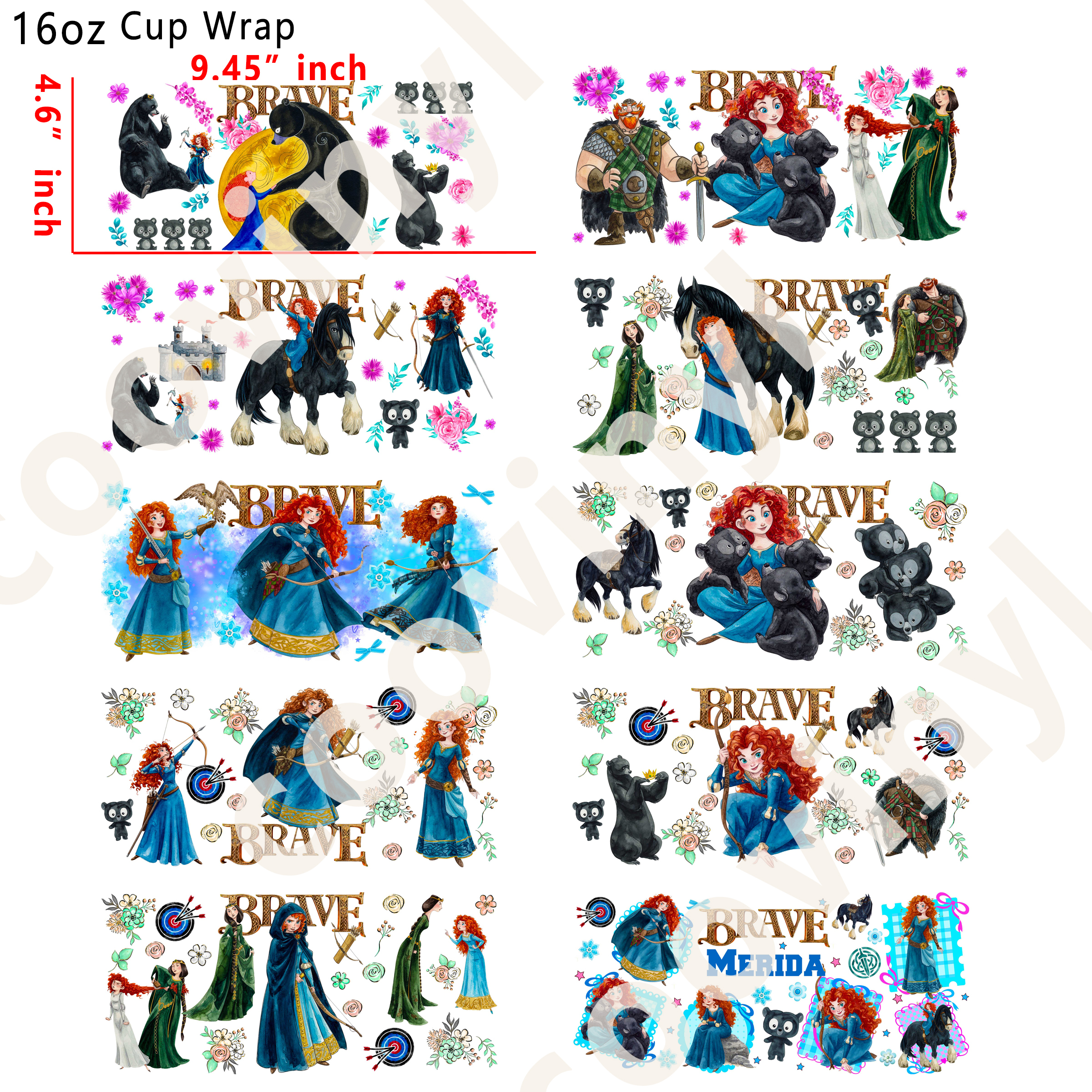 (M84)  10pcs Brave 16OZ Tumbler Cup Wraps, Waterproof Fade-Resistant Decal Stickers, Vivid HD Print with Strong Adhesion, Customizable Transfers for Glass Cups, Mugs & Smooth Surfaces, DIY Art Craft Supplies
