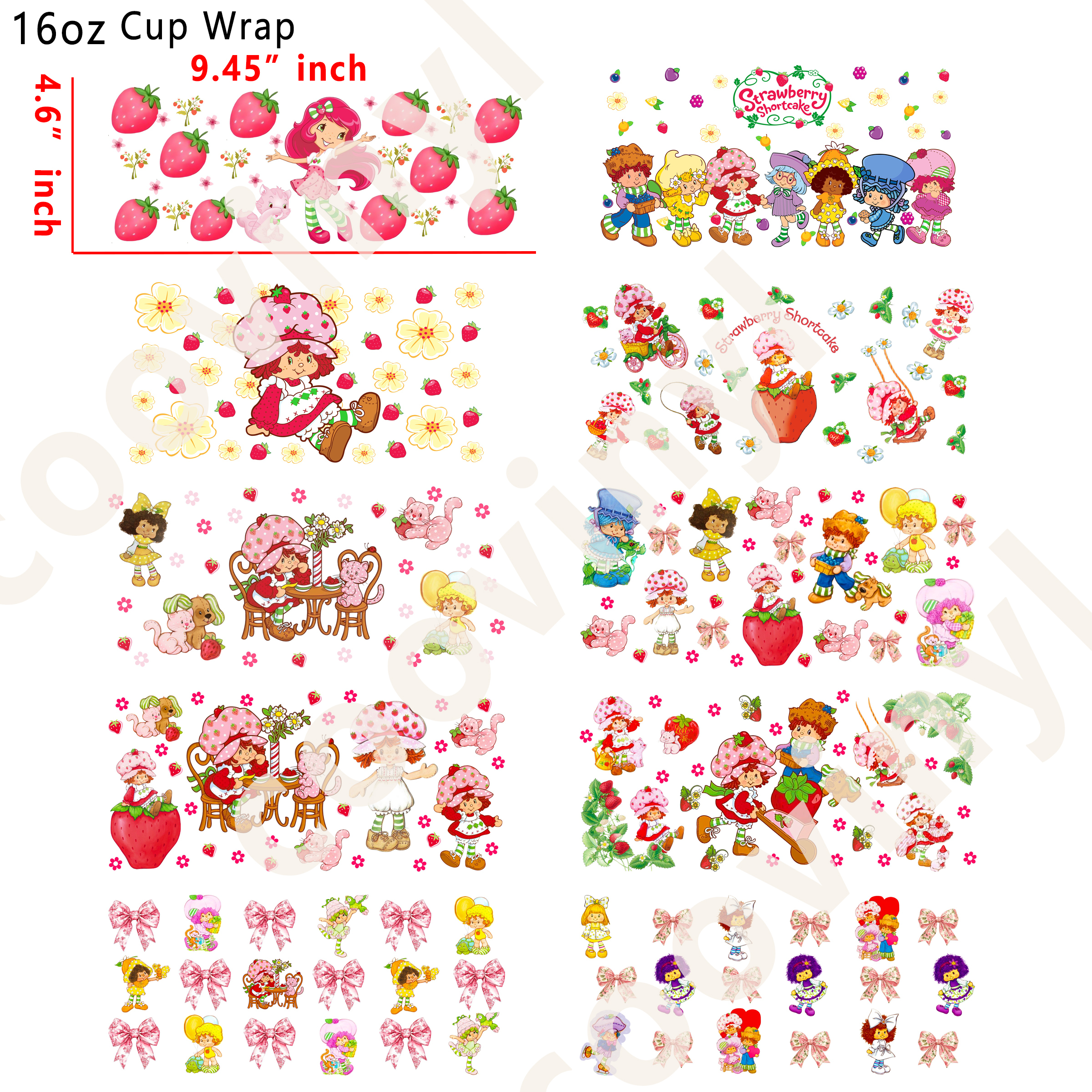 (K14)  10pcs strawberry shortcake 16OZ Tumbler Cup Wraps, Waterproof Fade-Resistant Decal Stickers, Vivid HD Print with Strong Adhesion, Customizable Transfers for Glass Cups, Mugs & Smooth Surfaces, DIY Art Craft Supplies