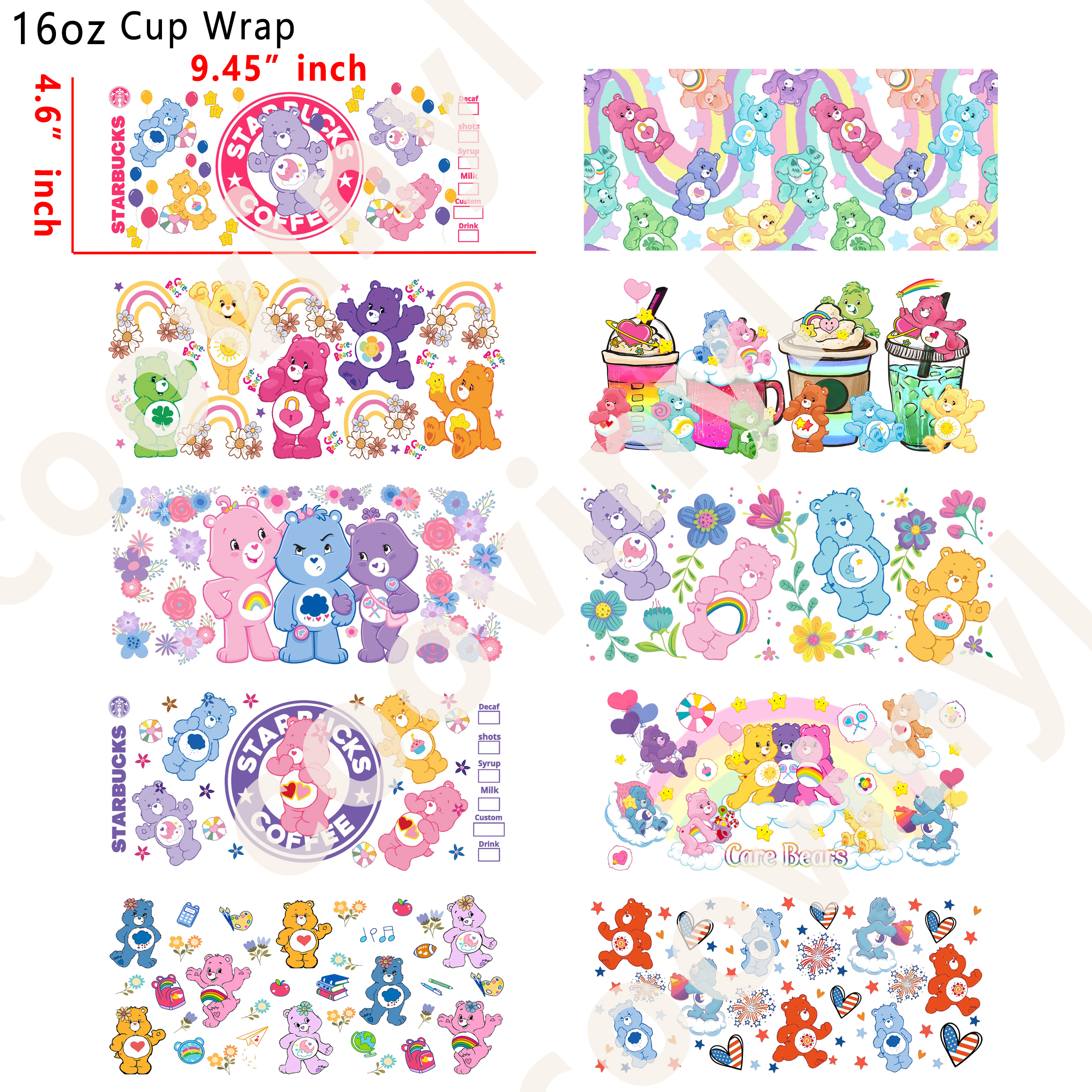 (K15)  10pcs carebear 16OZ Tumbler Cup Wraps, Waterproof Fade-Resistant Decal Stickers, Vivid HD Print with Strong Adhesion, Customizable Transfers for Glass Cups, Mugs & Smooth Surfaces, DIY Art Craft Supplies