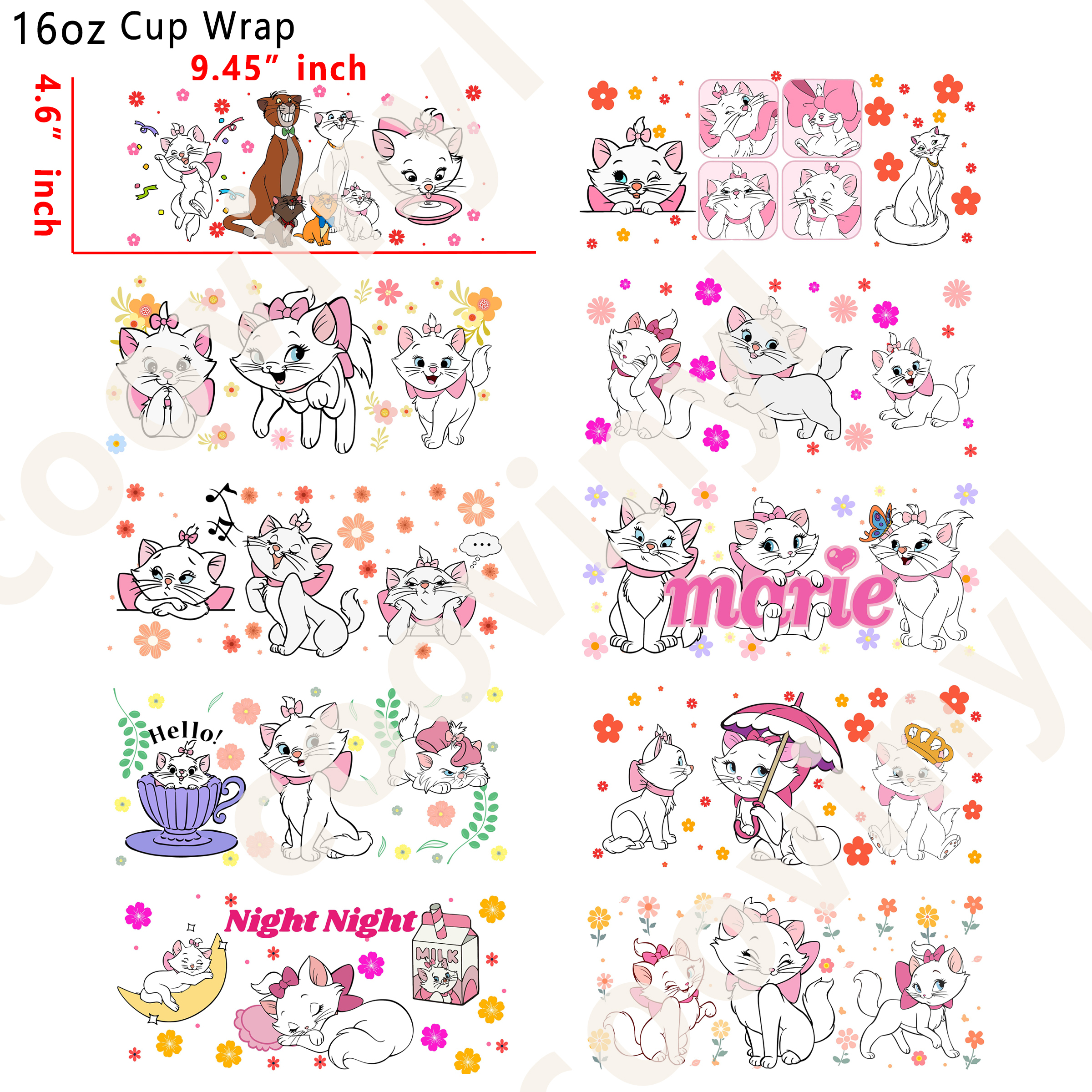 (K17)  10pcs marie cat 16OZ Tumbler Cup Wraps, Waterproof Fade-Resistant Decal Stickers, Vivid HD Print with Strong Adhesion, Customizable Transfers for Glass Cups, Mugs & Smooth Surfaces, DIY Art Craft Supplies