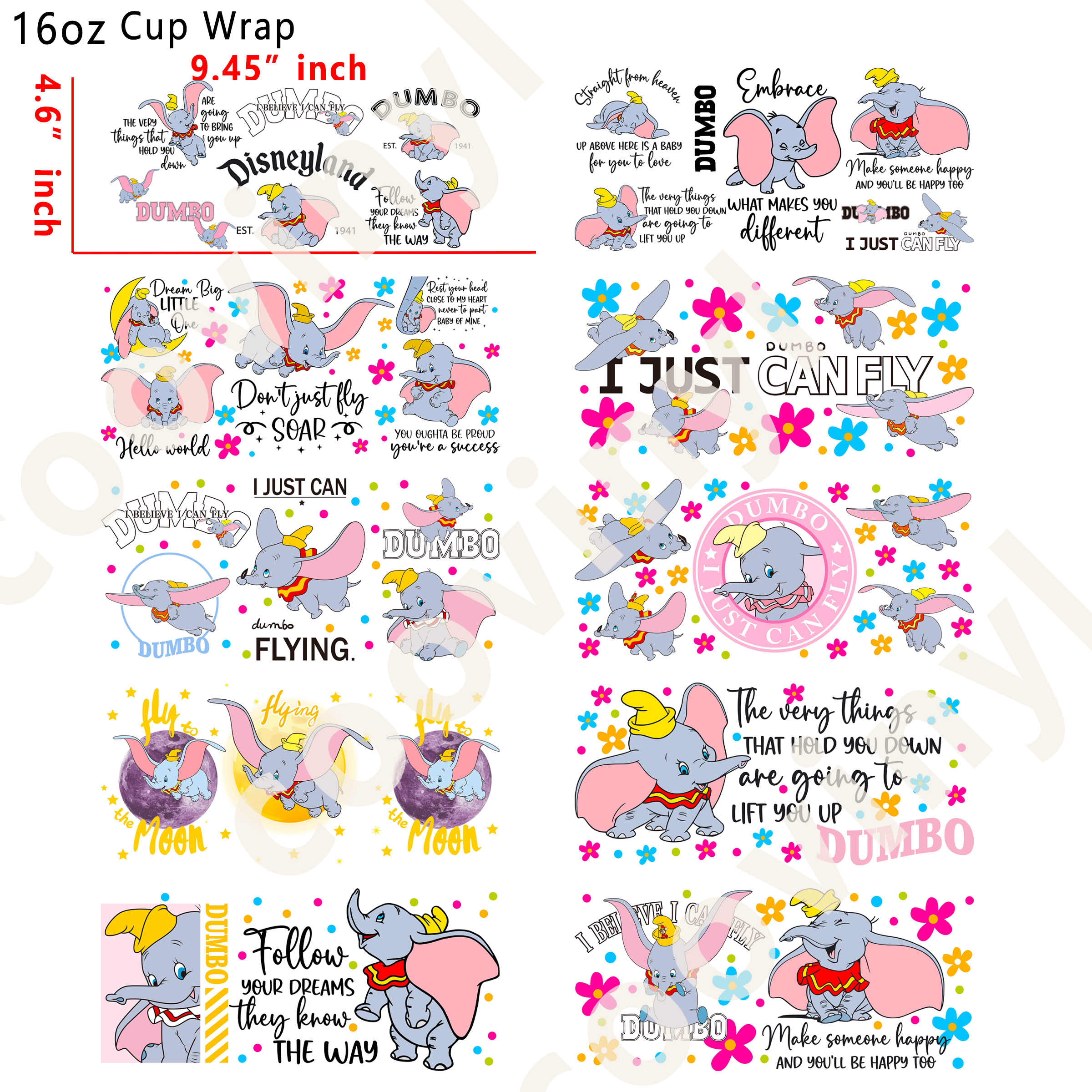 (K18)  10pcs Dumbo 16OZ Tumbler Cup Wraps, Waterproof Fade-Resistant Decal Stickers, Vivid HD Print with Strong Adhesion, Customizable Transfers for Glass Cups, Mugs & Smooth Surfaces, DIY Art Craft Supplies