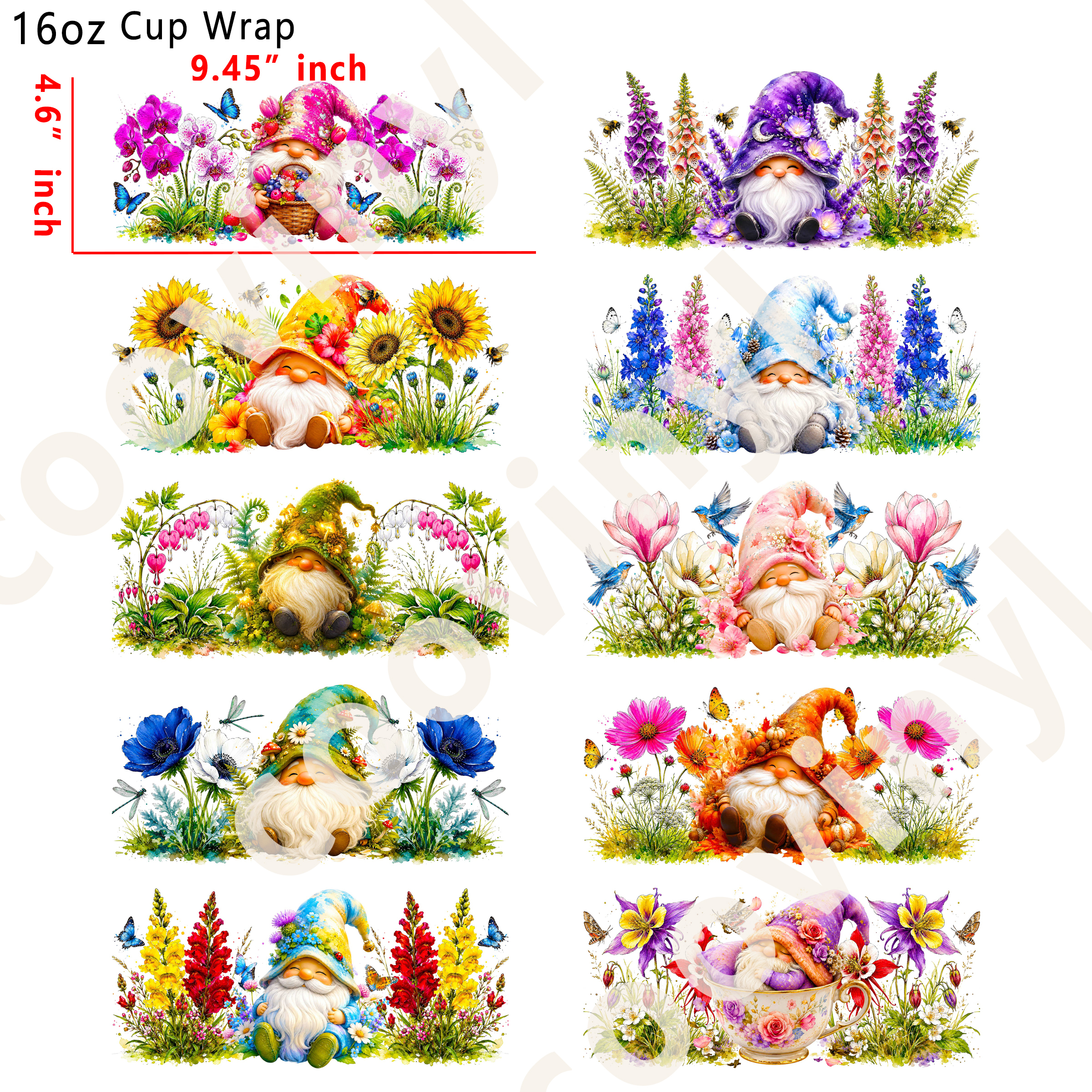 (K33)  10pcs ghnome 16OZ Tumbler Cup Wraps, Waterproof Fade-Resistant Decal Stickers, Vivid HD Print with Strong Adhesion, Customizable Transfers for Glass Cups, Mugs & Smooth Surfaces, DIY Art Craft Supplies