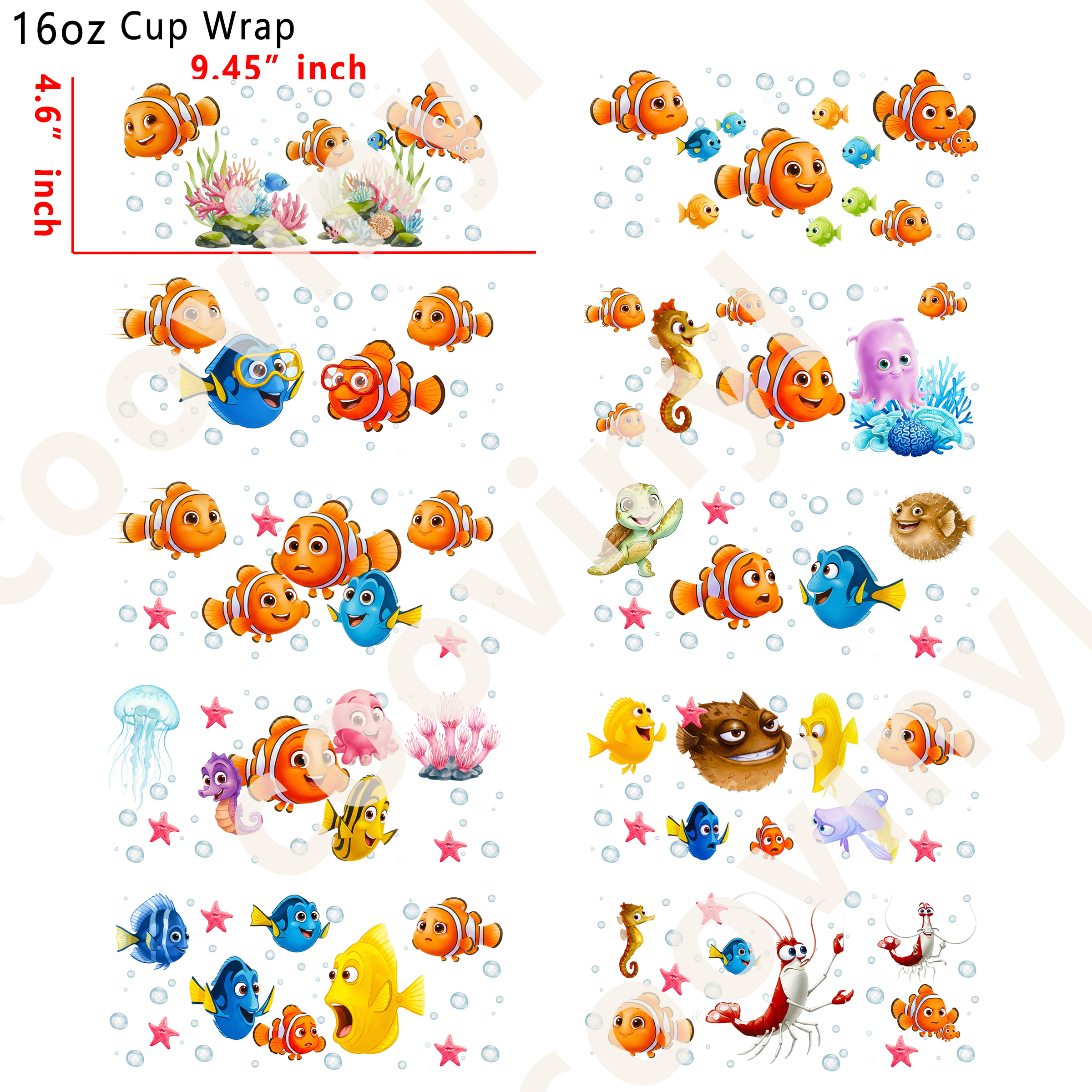 (K37)  10pcs nemo 16OZ Tumbler Cup Wraps, Waterproof Fade-Resistant Decal Stickers, Vivid HD Print with Strong Adhesion, Customizable Transfers for Glass Cups, Mugs & Smooth Surfaces, DIY Art Craft Supplies
