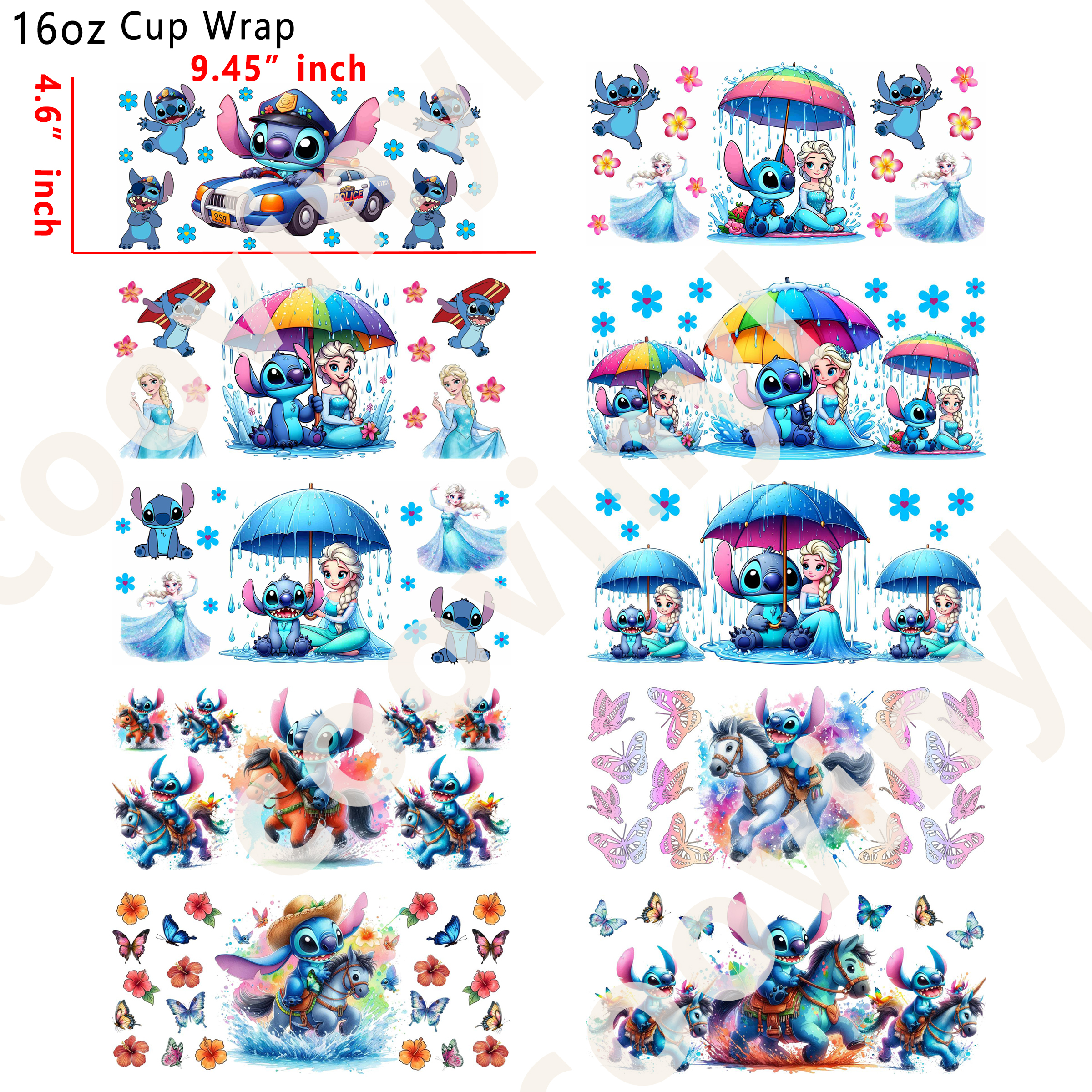 (K4)  10pcs stitch elsa 16OZ Tumbler Cup Wraps, Waterproof Fade-Resistant Decal Stickers, Vivid HD Print with Strong Adhesion, Customizable Transfers for Glass Cups, Mugs & Smooth Surfaces, DIY Art Craft Supplies