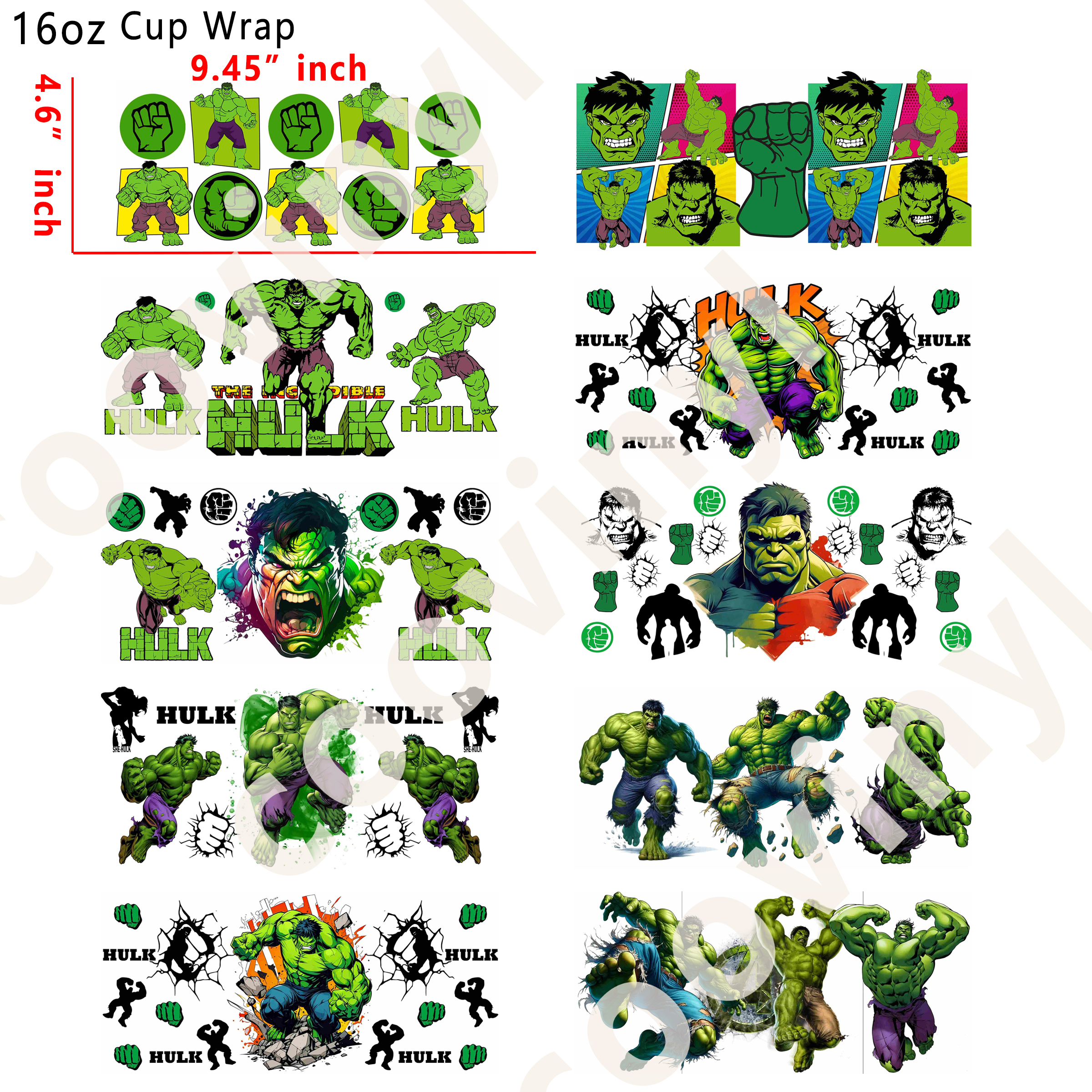 (K58)  10pcs hulk 16OZ Tumbler Cup Wraps, Waterproof Fade-Resistant Decal Stickers, Vivid HD Print with Strong Adhesion, Customizable Transfers for Glass Cups, Mugs & Smooth Surfaces, DIY Art Craft Supplies