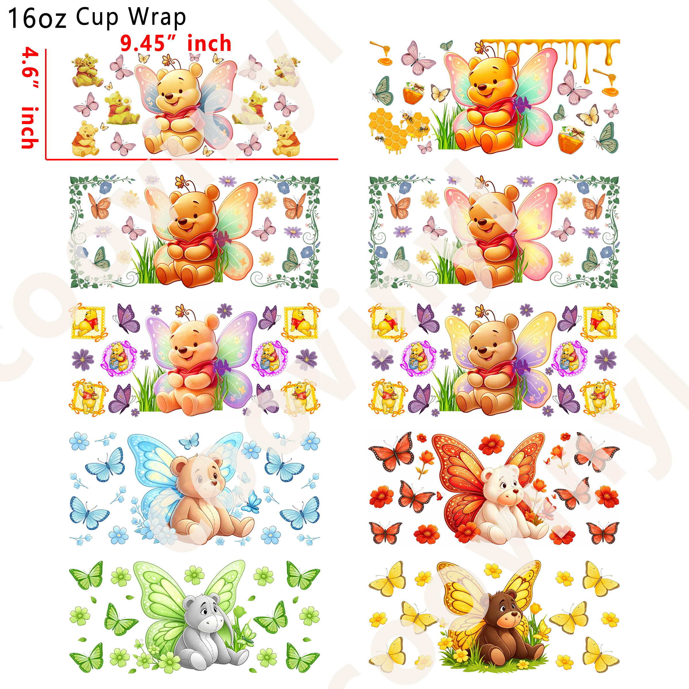 (K64)  10pcs Winnie the Pooh mix 16OZ Tumbler Cup Wraps, Waterproof Fade-Resistant Decal Stickers, Vivid HD Print with Strong Adhesion, Customizable Transfers for Glass Cups, Mugs & Smooth Surfaces, DIY Art Craft Supplies