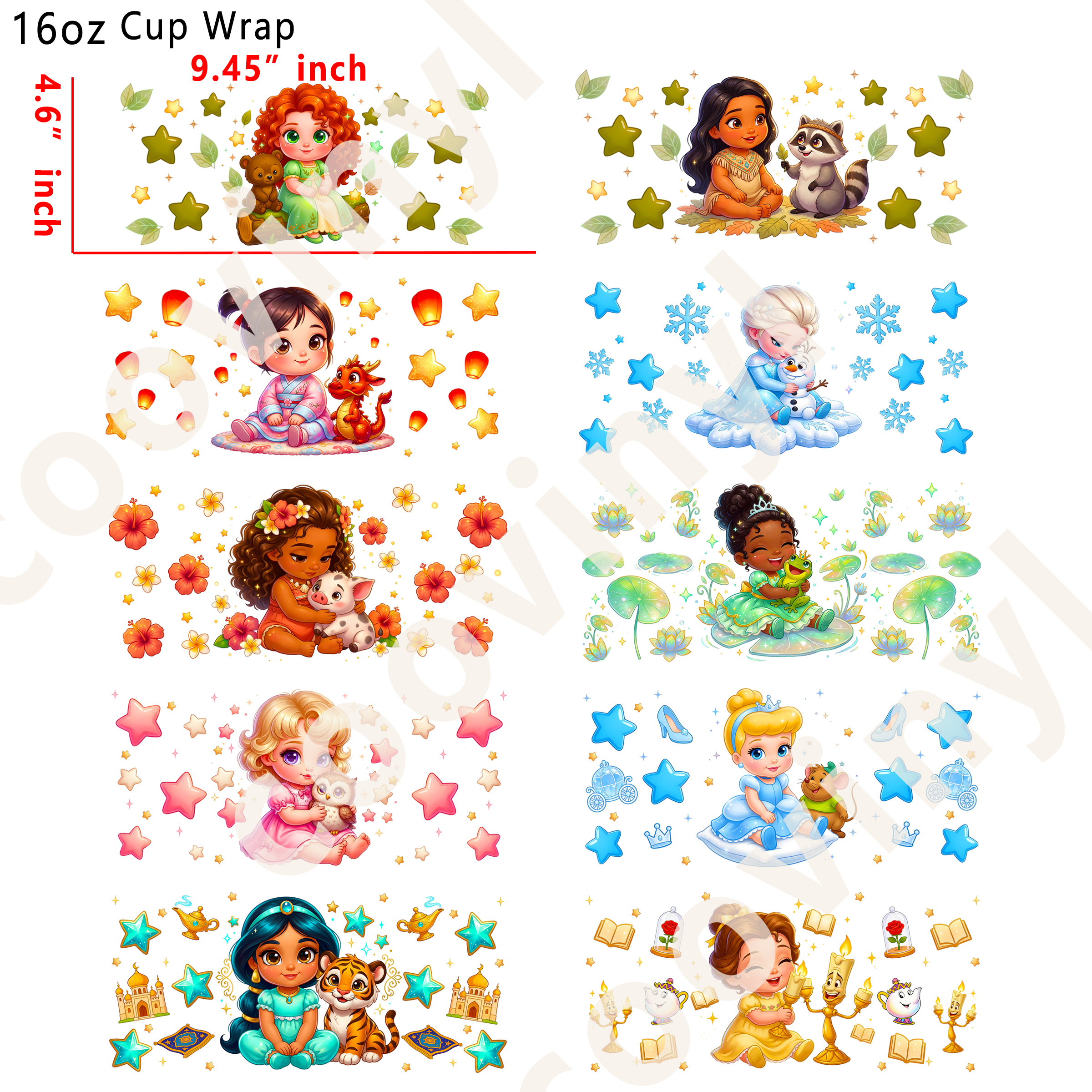 (K72)  10pcs baby princess 16OZ Tumbler Cup Wraps, Waterproof Fade-Resistant Decal Stickers, Vivid HD Print with Strong Adhesion, Customizable Transfers for Glass Cups, Mugs & Smooth Surfaces, DIY Art Craft Supplies