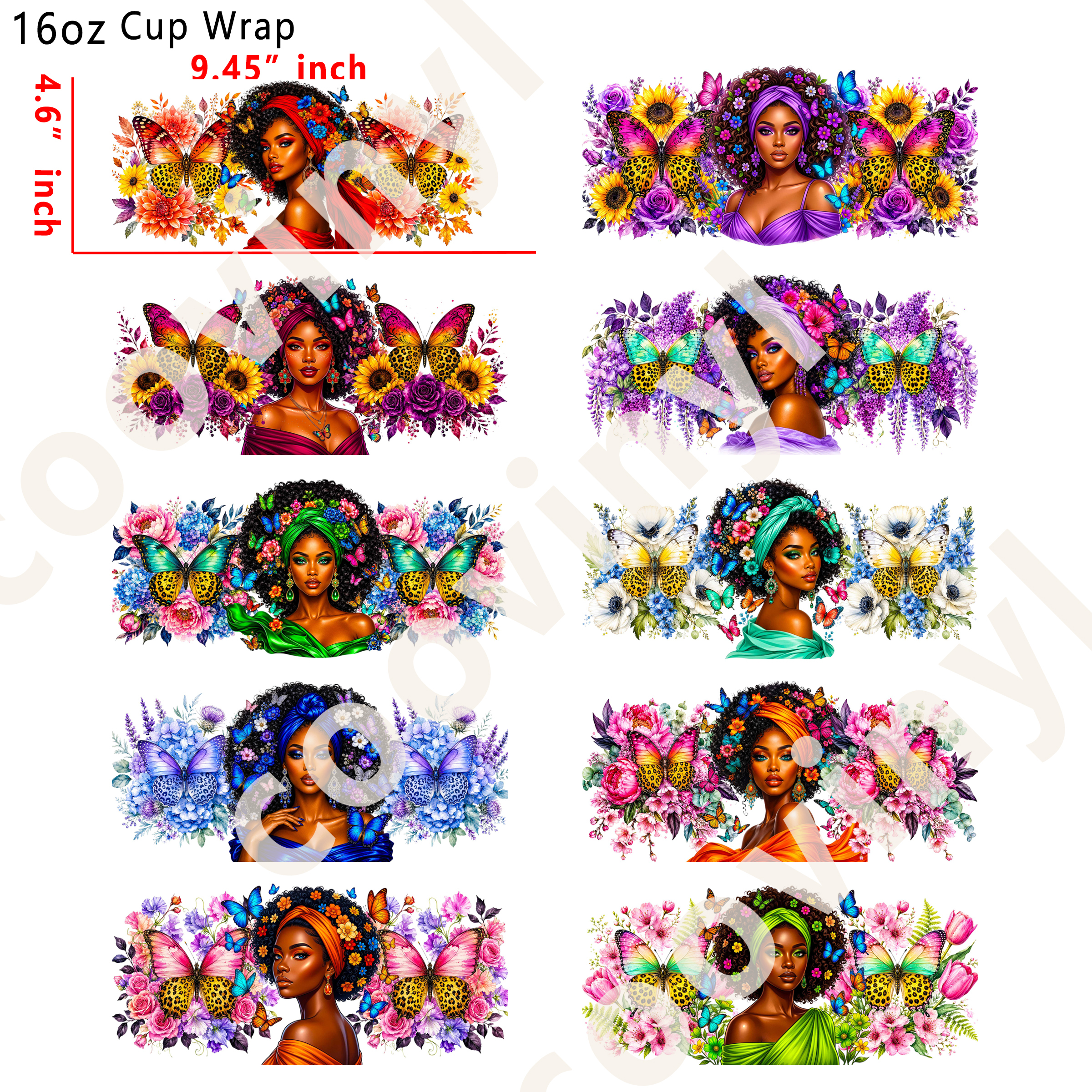 (L88)  10pcs black people and butterfly 16OZ Tumbler Cup Wraps, Waterproof Fade-Resistant Decal Stickers, Vivid HD Print with Strong Adhesion, Customizable Transfers for Glass Cups, Mugs & Smooth Surfaces, DIY Art Craft Supplies