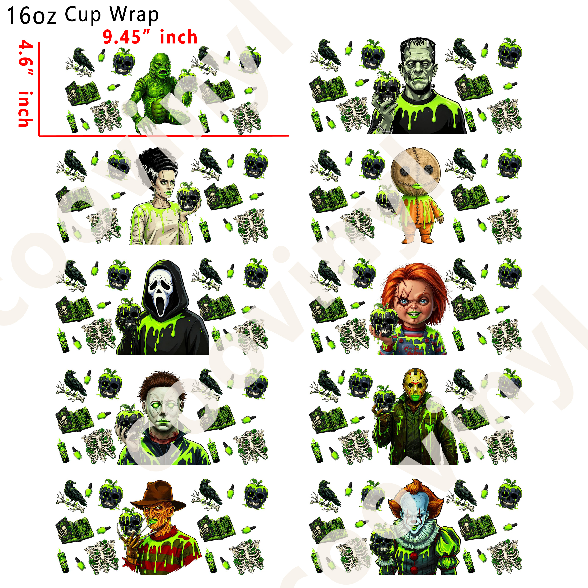 (L56)  10pcs bright horror 16OZ Tumbler Cup Wraps, Waterproof Fade-Resistant Decal Stickers, Vivid HD Print with Strong Adhesion, Customizable Transfers for Glass Cups, Mugs & Smooth Surfaces, DIY Art Craft Supplies