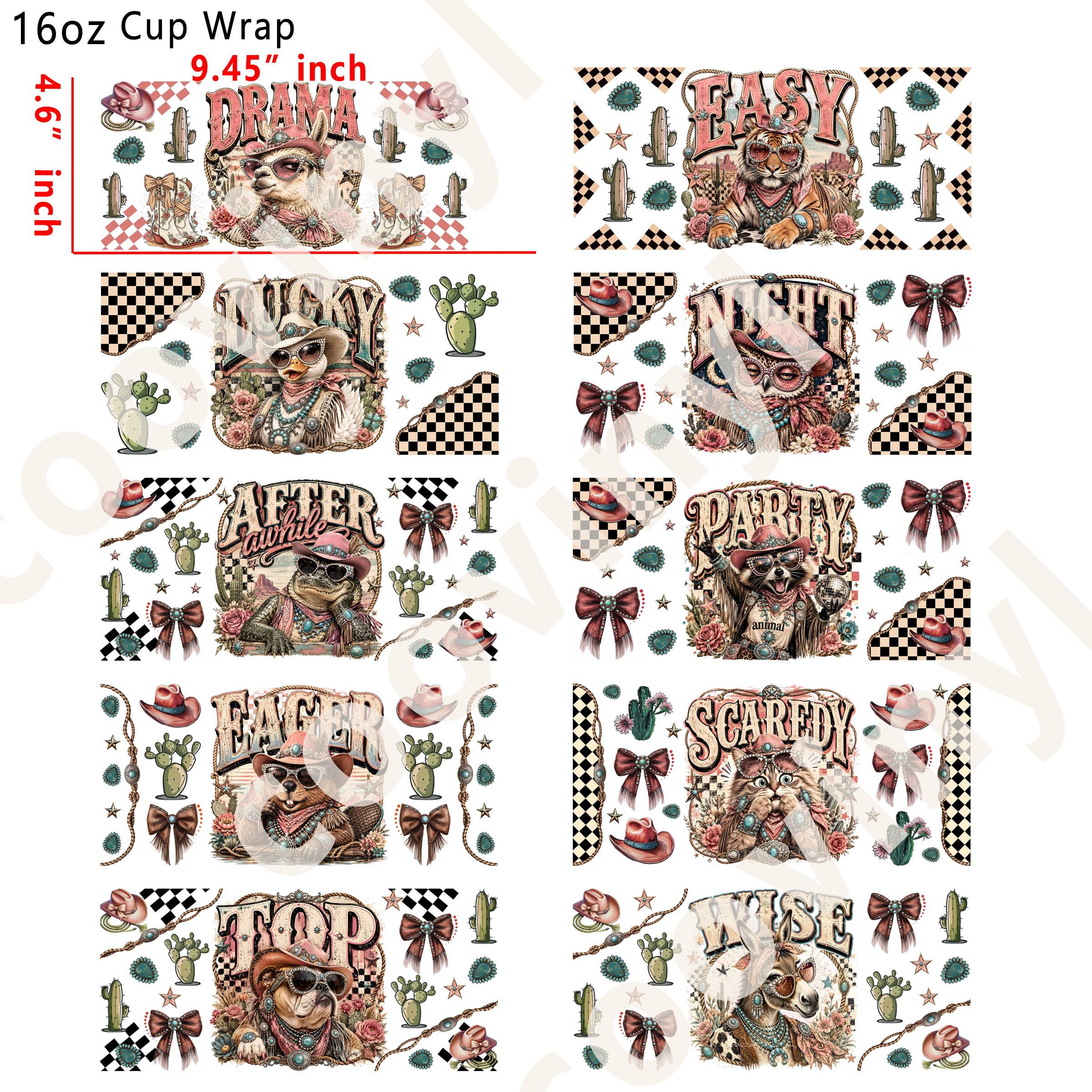(M81)  10pcs fashion animal 16OZ Tumbler Cup Wraps, Waterproof Fade-Resistant Decal Stickers, Vivid HD Print with Strong Adhesion, Customizable Transfers for Glass Cups, Mugs & Smooth Surfaces, DIY Art Craft Supplies