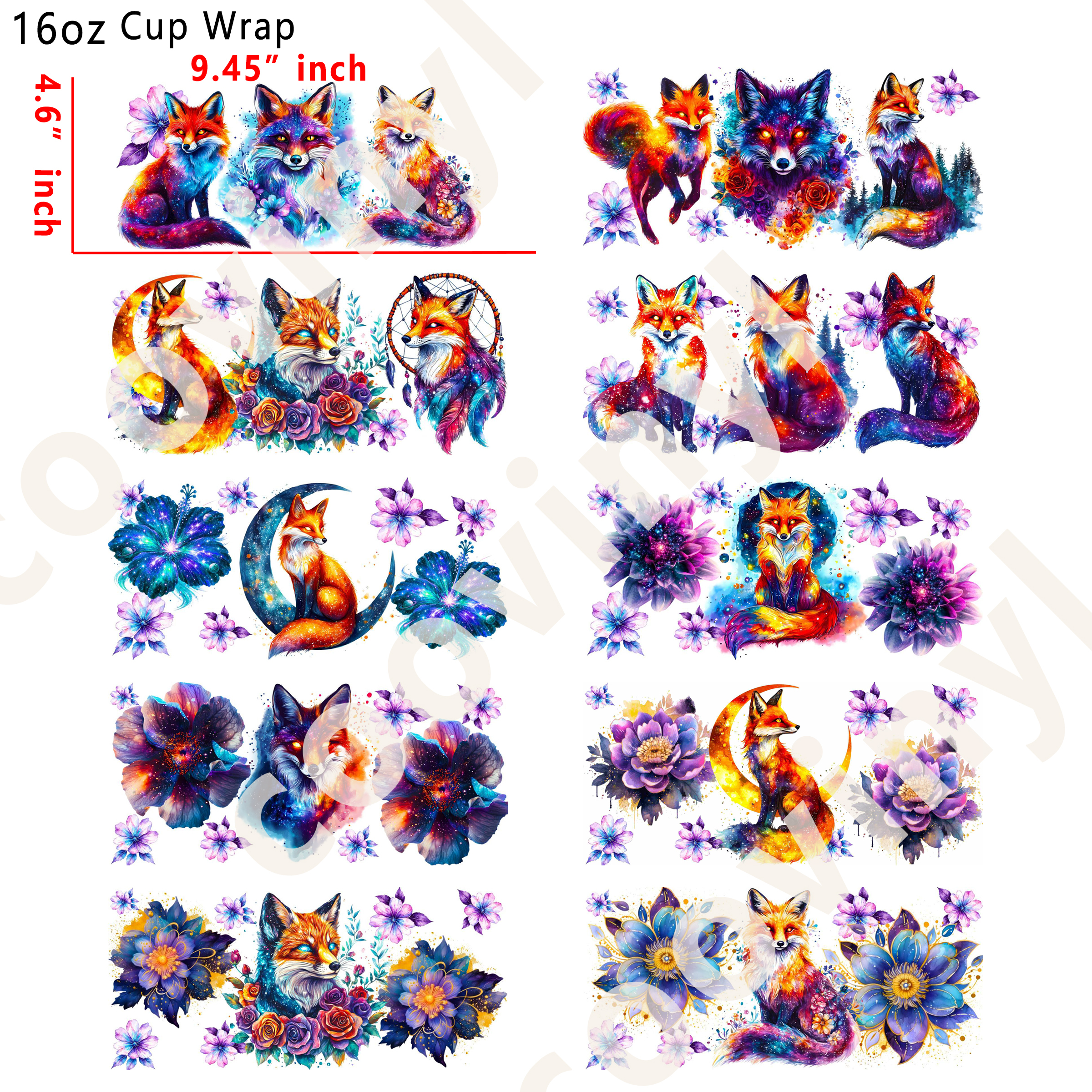 (L70)  10pcs fox 16OZ Tumbler Cup Wraps, Waterproof Fade-Resistant Decal Stickers, Vivid HD Print with Strong Adhesion, Customizable Transfers for Glass Cups, Mugs & Smooth Surfaces, DIY Art Craft Supplies
