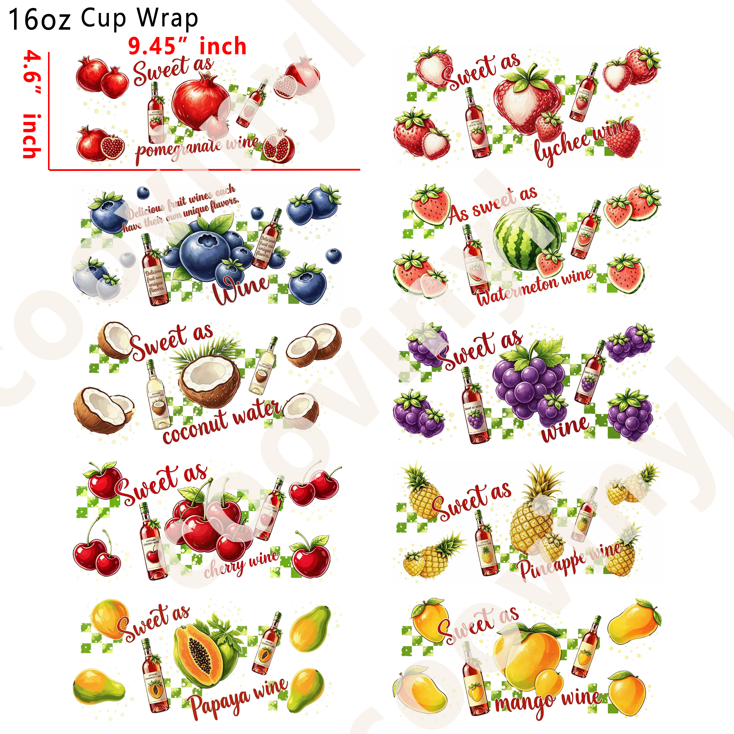 (L71)  10pcs fruit wine 16OZ Tumbler Cup Wraps, Waterproof Fade-Resistant Decal Stickers, Vivid HD Print with Strong Adhesion, Customizable Transfers for Glass Cups, Mugs & Smooth Surfaces, DIY Art Craft Supplies