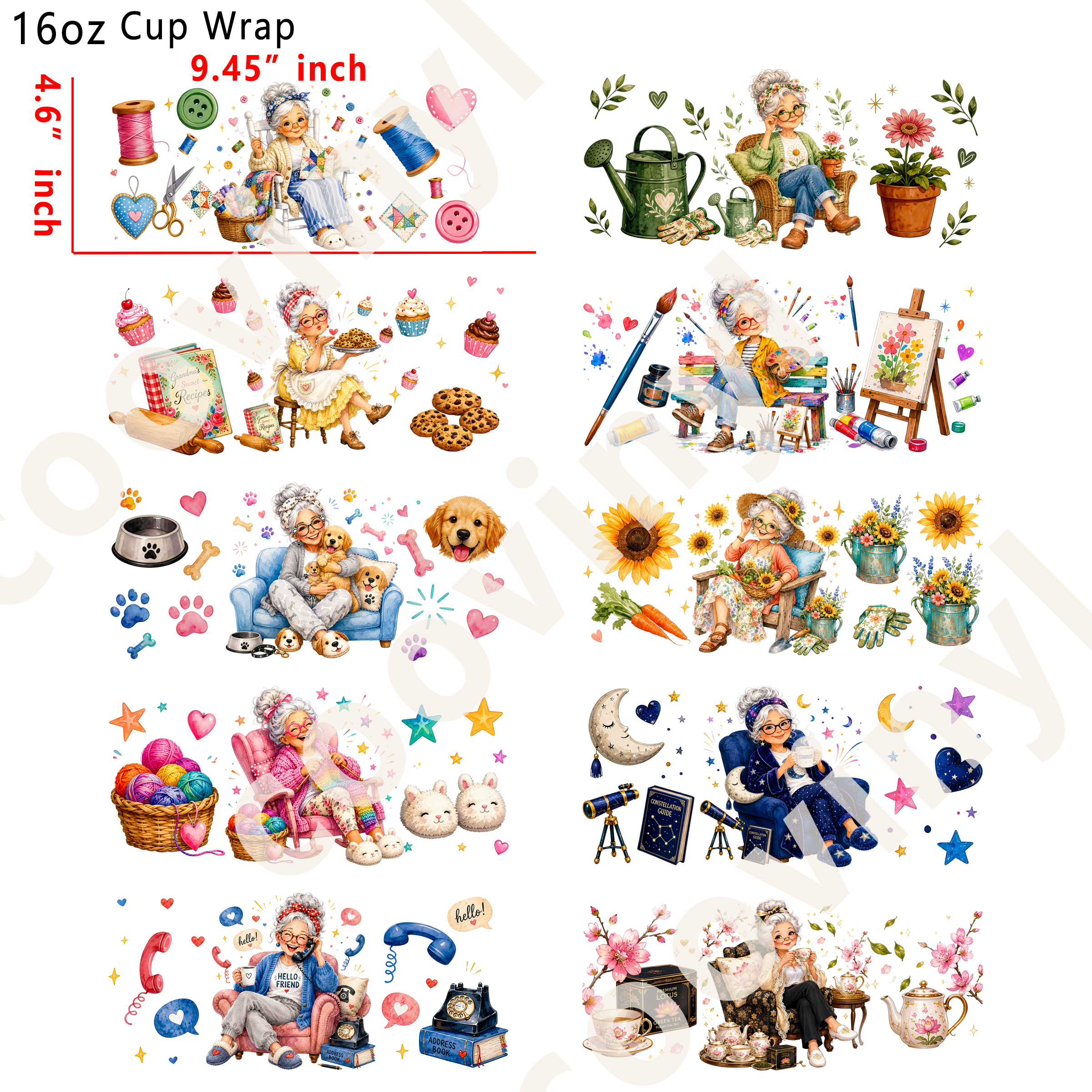 (R52)  10pcs grandma 16OZ Tumbler Cup Wraps, Waterproof Fade-Resistant Decal Stickers, Vivid HD Print with Strong Adhesion, Customizable Transfers for Glass Cups, Mugs & Smooth Surfaces, DIY Art Craft Supplies