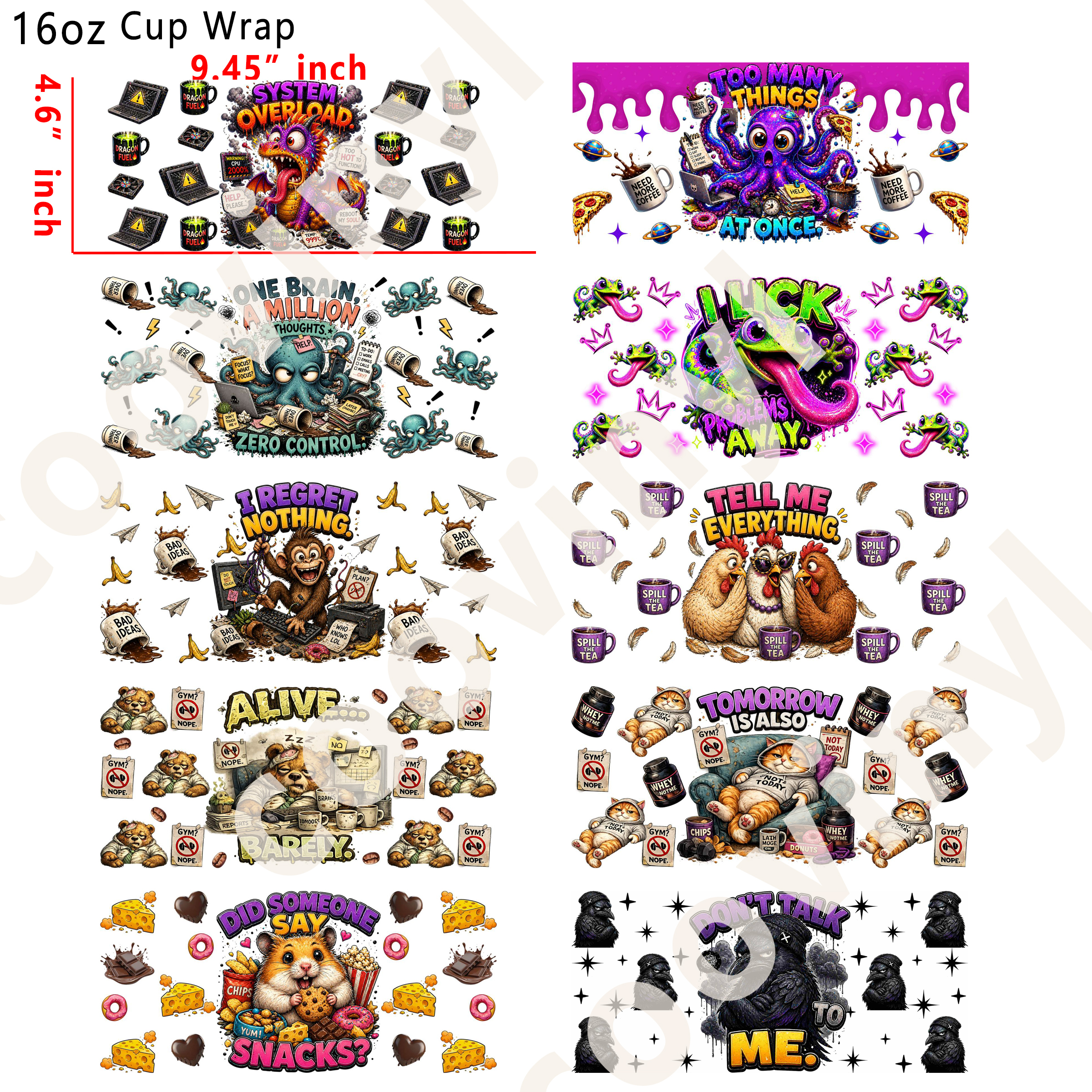 (L74)  10pcs grumpy animal 16OZ Tumbler Cup Wraps, Waterproof Fade-Resistant Decal Stickers, Vivid HD Print with Strong Adhesion, Customizable Transfers for Glass Cups, Mugs & Smooth Surfaces, DIY Art Craft Supplies