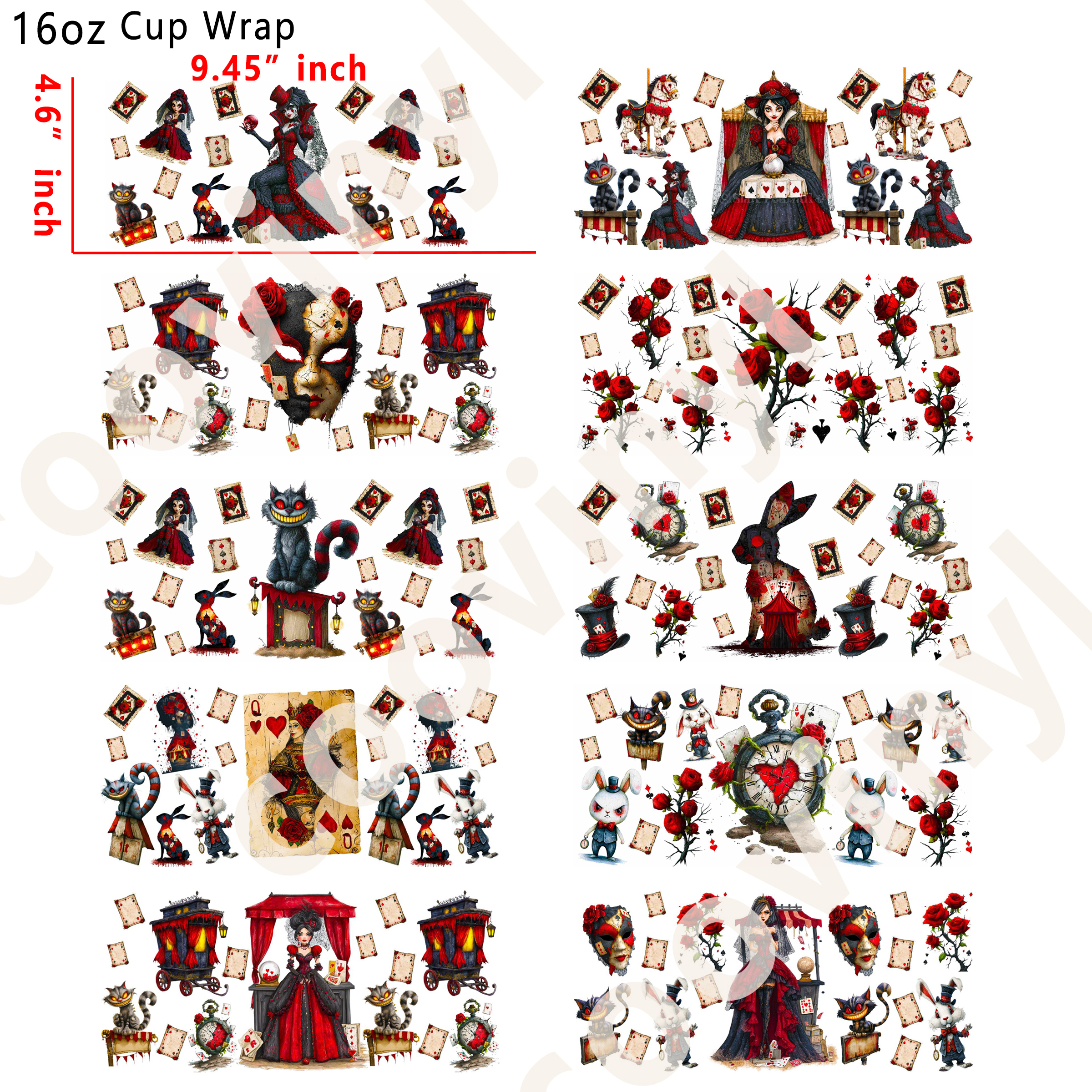 (L57)  10pcs horror Alice in wonderland 16OZ Tumbler Cup Wraps, Waterproof Fade-Resistant Decal Stickers, Vivid HD Print with Strong Adhesion, Customizable Transfers for Glass Cups, Mugs & Smooth Surfaces, DIY Art Craft Supplies