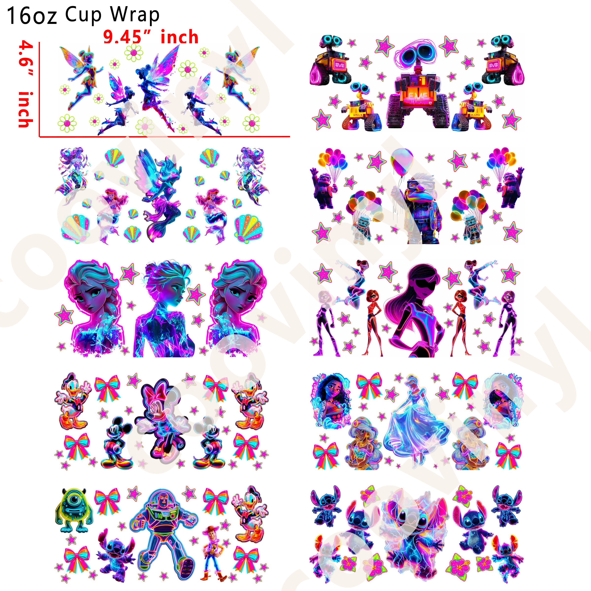(L79)  10pcs iridescent disney 16OZ Tumbler Cup Wraps, Waterproof Fade-Resistant Decal Stickers, Vivid HD Print with Strong Adhesion, Customizable Transfers for Glass Cups, Mugs & Smooth Surfaces, DIY Art Craft Supplies