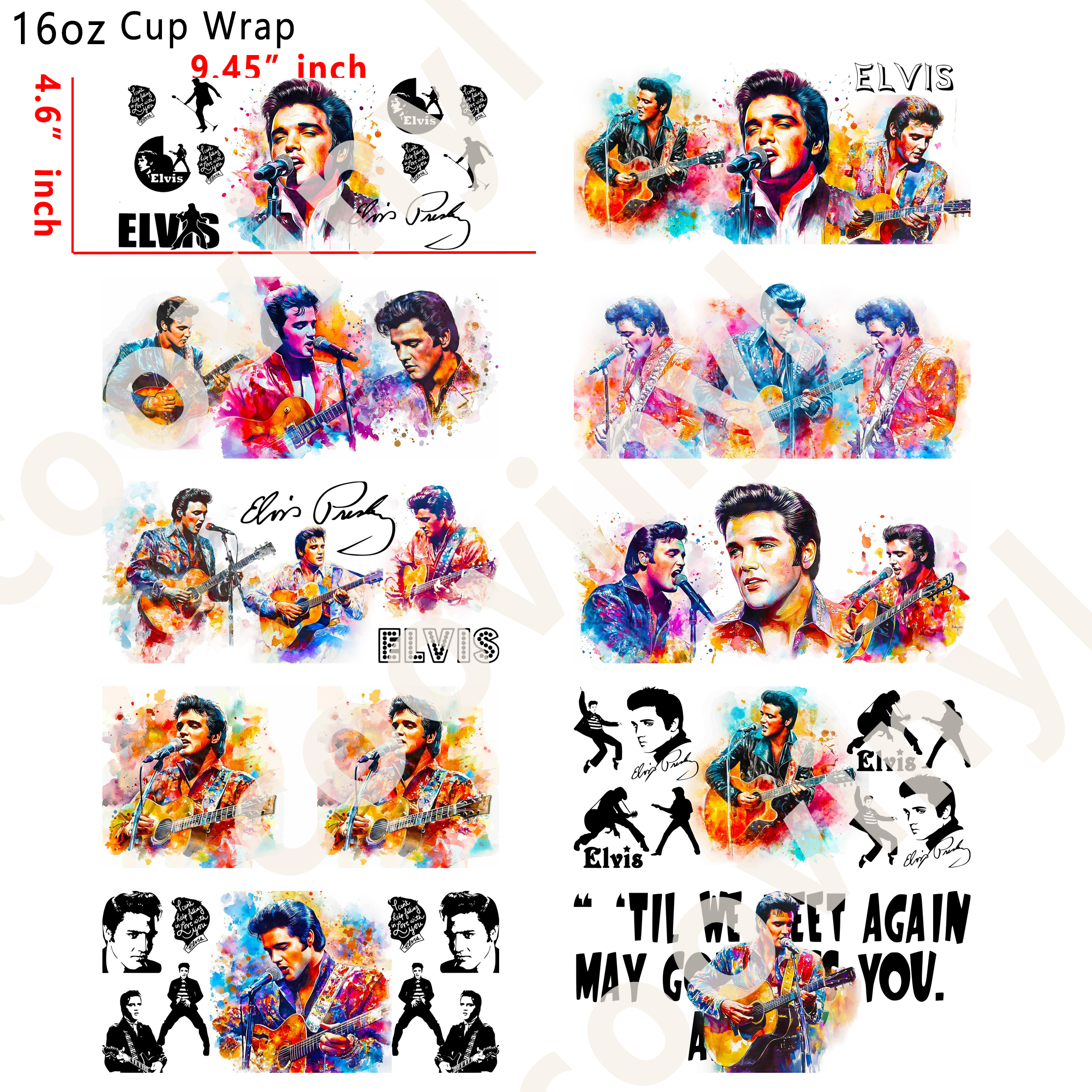 (K80)  10pcs Elvis 16OZ Tumbler Cup Wraps, Waterproof Fade-Resistant Decal Stickers, Vivid HD Print with Strong Adhesion, Customizable Transfers for Glass Cups, Mugs & Smooth Surfaces, DIY Art Craft Supplies