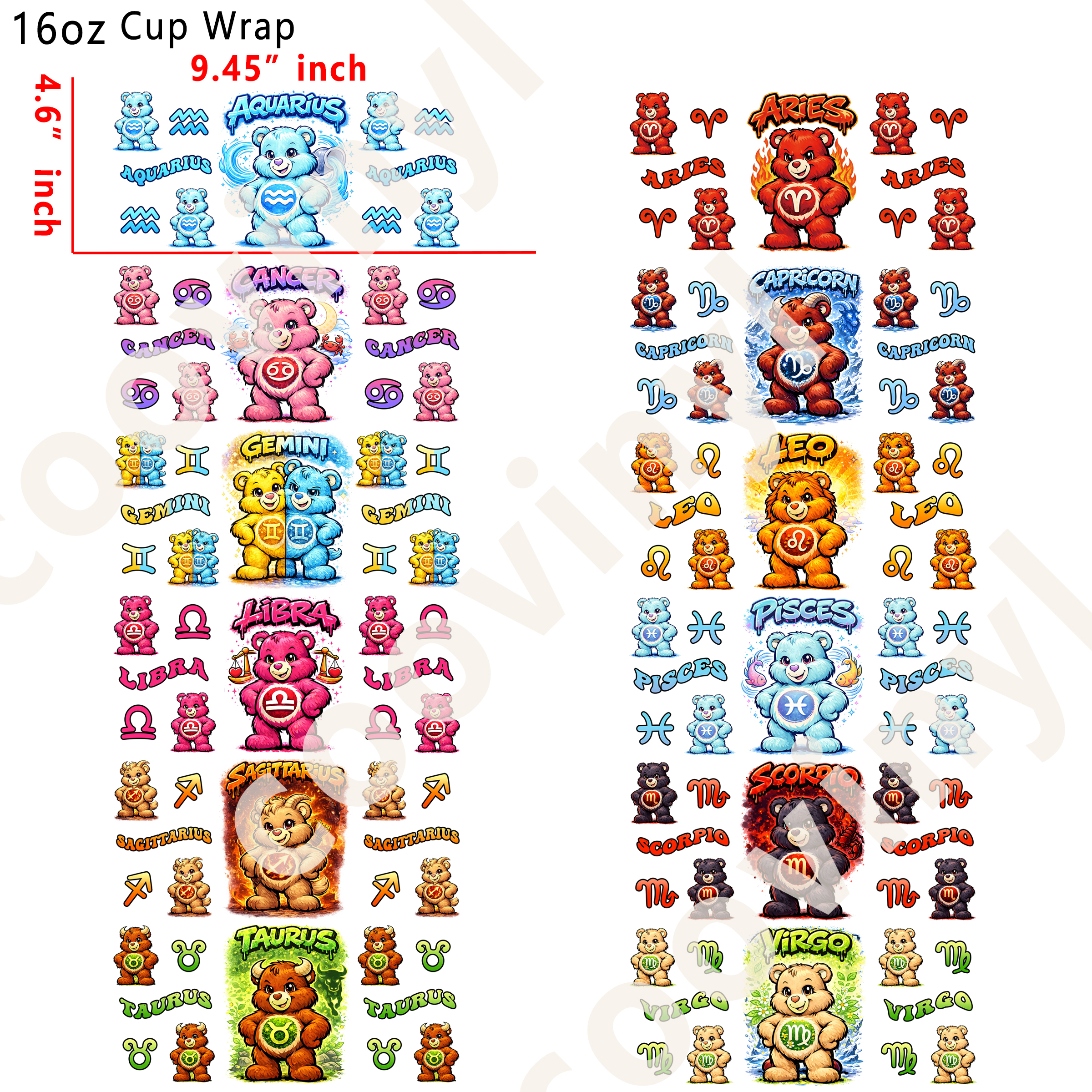 (K81)  12pcs carebear zodiac 16OZ Tumbler Cup Wraps, Waterproof Fade-Resistant Decal Stickers, Vivid HD Print with Strong Adhesion, Customizable Transfers for Glass Cups, Mugs & Smooth Surfaces, DIY Art Craft Supplies