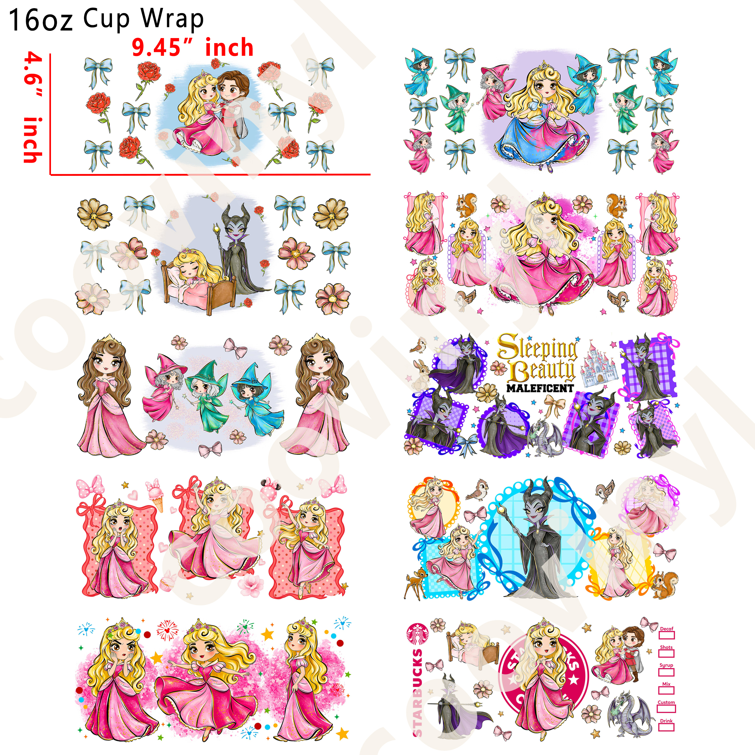 (K89)  10pcs  sleeping beauty 16OZ Tumbler Cup Wraps, Waterproof Fade-Resistant Decal Stickers, Vivid HD Print with Strong Adhesion, Customizable Transfers for Glass Cups, Mugs & Smooth Surfaces, DIY Art Craft Supplies
