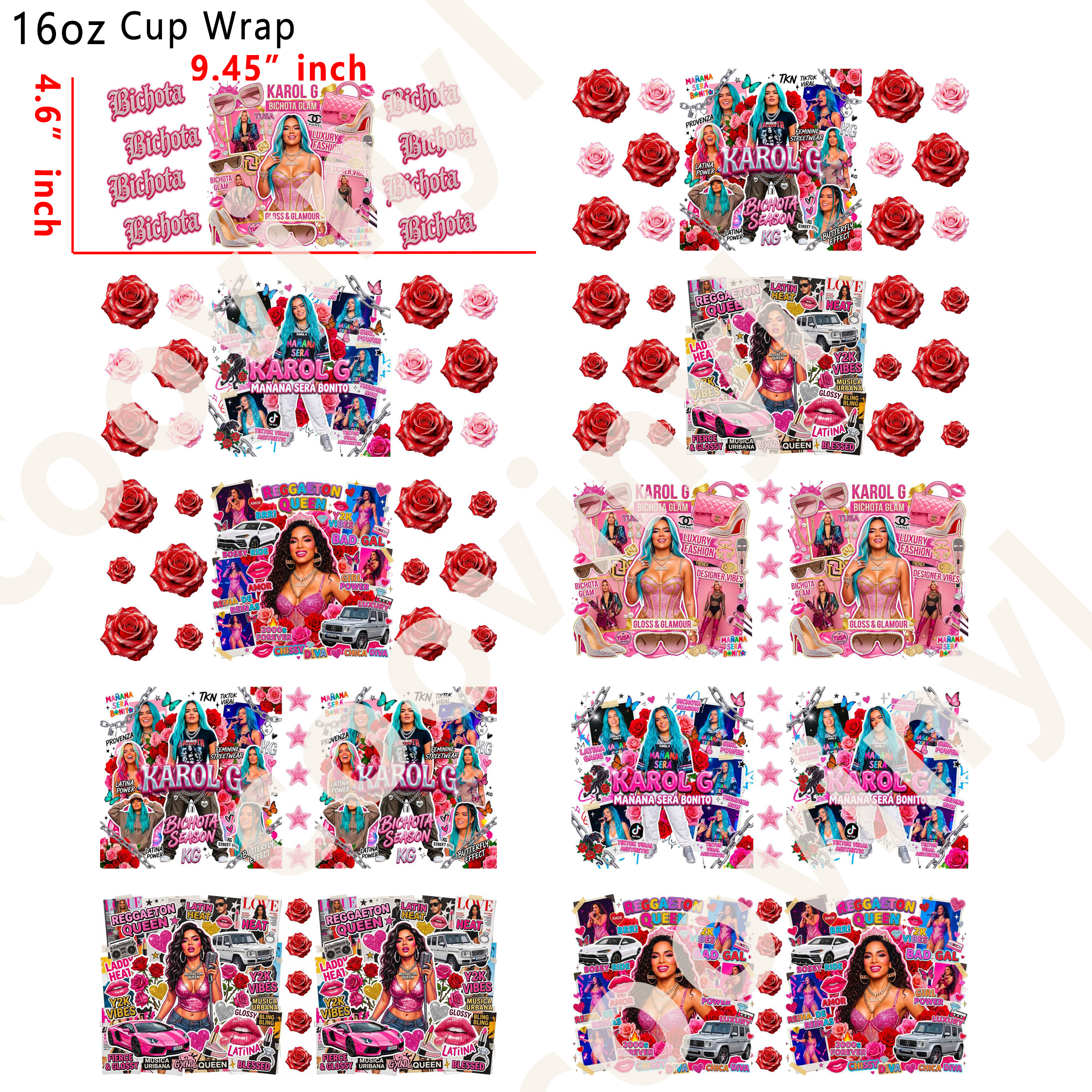 (L82)  10pcs  Karol G 16OZ Tumbler Cup Wraps, Waterproof Fade-Resistant Decal Stickers, Vivid HD Print with Strong Adhesion, Customizable Transfers for Glass Cups, Mugs & Smooth Surfaces, DIY Art Craft Supplies