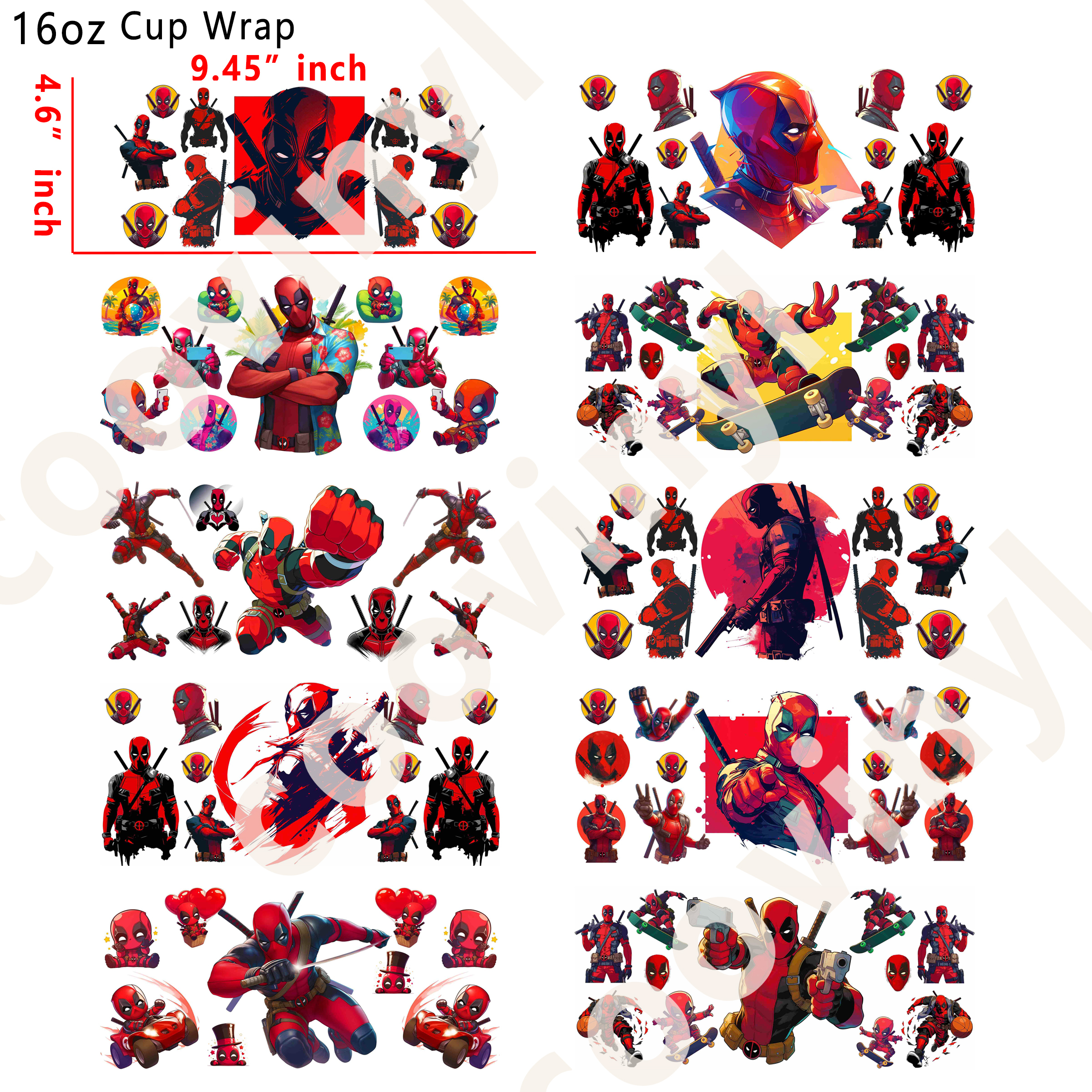 (L10)  10pcs Deadpool  16OZ Tumbler Cup Wraps, Waterproof Fade-Resistant Decal Stickers, Vivid HD Print with Strong Adhesion, Customizable Transfers for Glass Cups, Mugs & Smooth Surfaces, DIY Art Craft Supplies