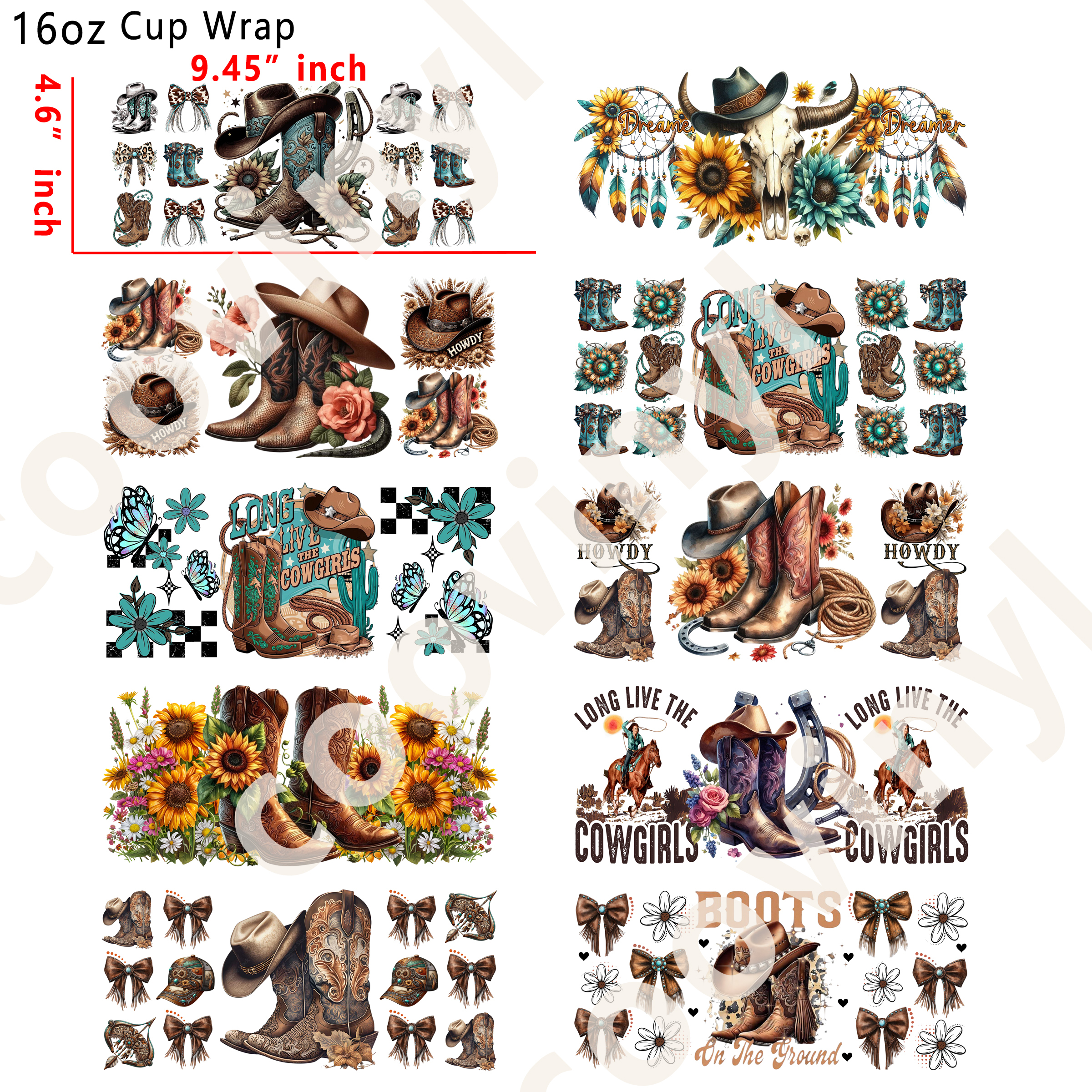 (L17)  10pcs boot 16OZ Tumbler Cup Wraps, Waterproof Fade-Resistant Decal Stickers, Vivid HD Print with Strong Adhesion, Customizable Transfers for Glass Cups, Mugs & Smooth Surfaces, DIY Art Craft Supplies