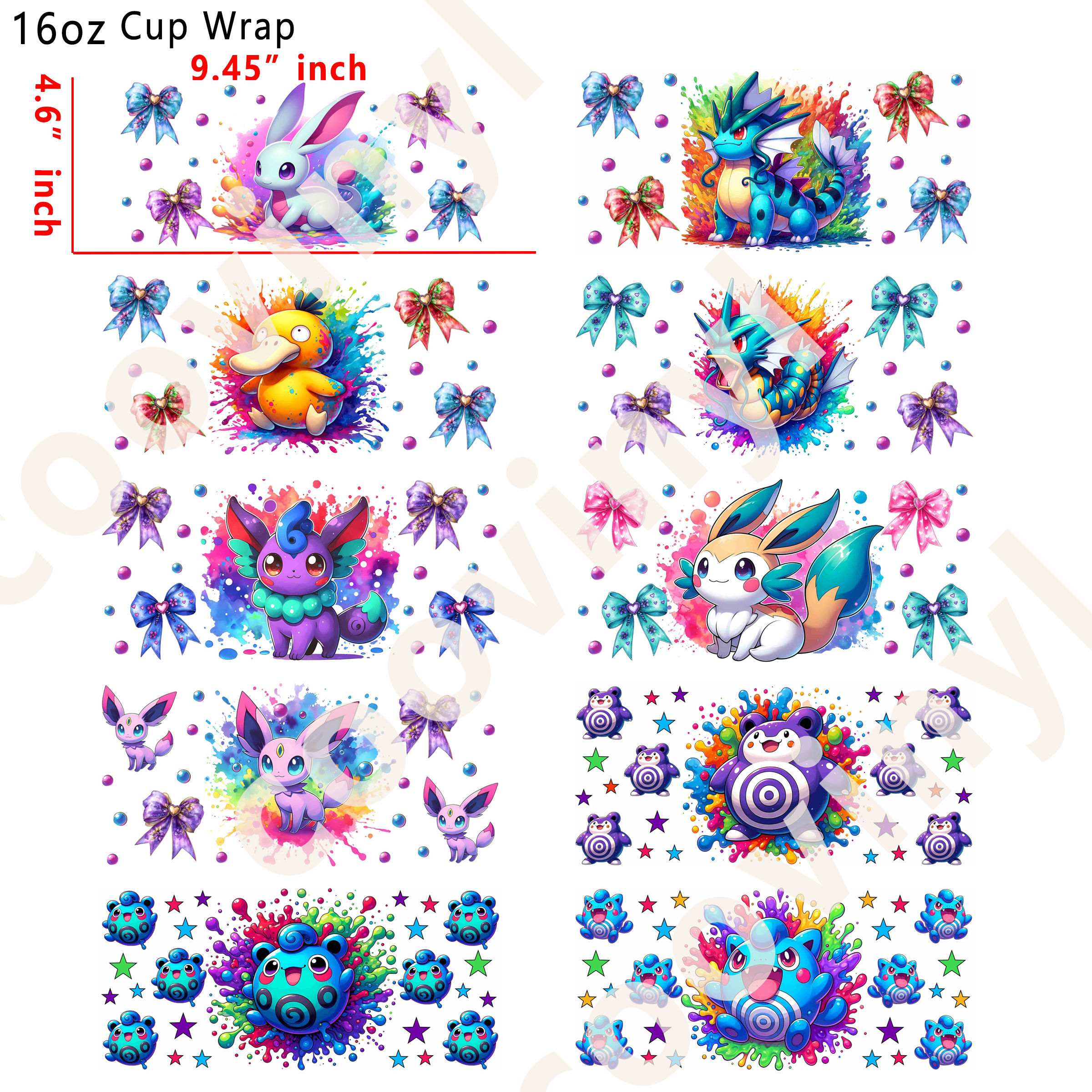 (L39)  10pcs pokemon 16OZ Tumbler Cup Wraps, Waterproof Fade-Resistant Decal Stickers, Vivid HD Print with Strong Adhesion, Customizable Transfers for Glass Cups, Mugs & Smooth Surfaces, DIY Art Craft Supplies