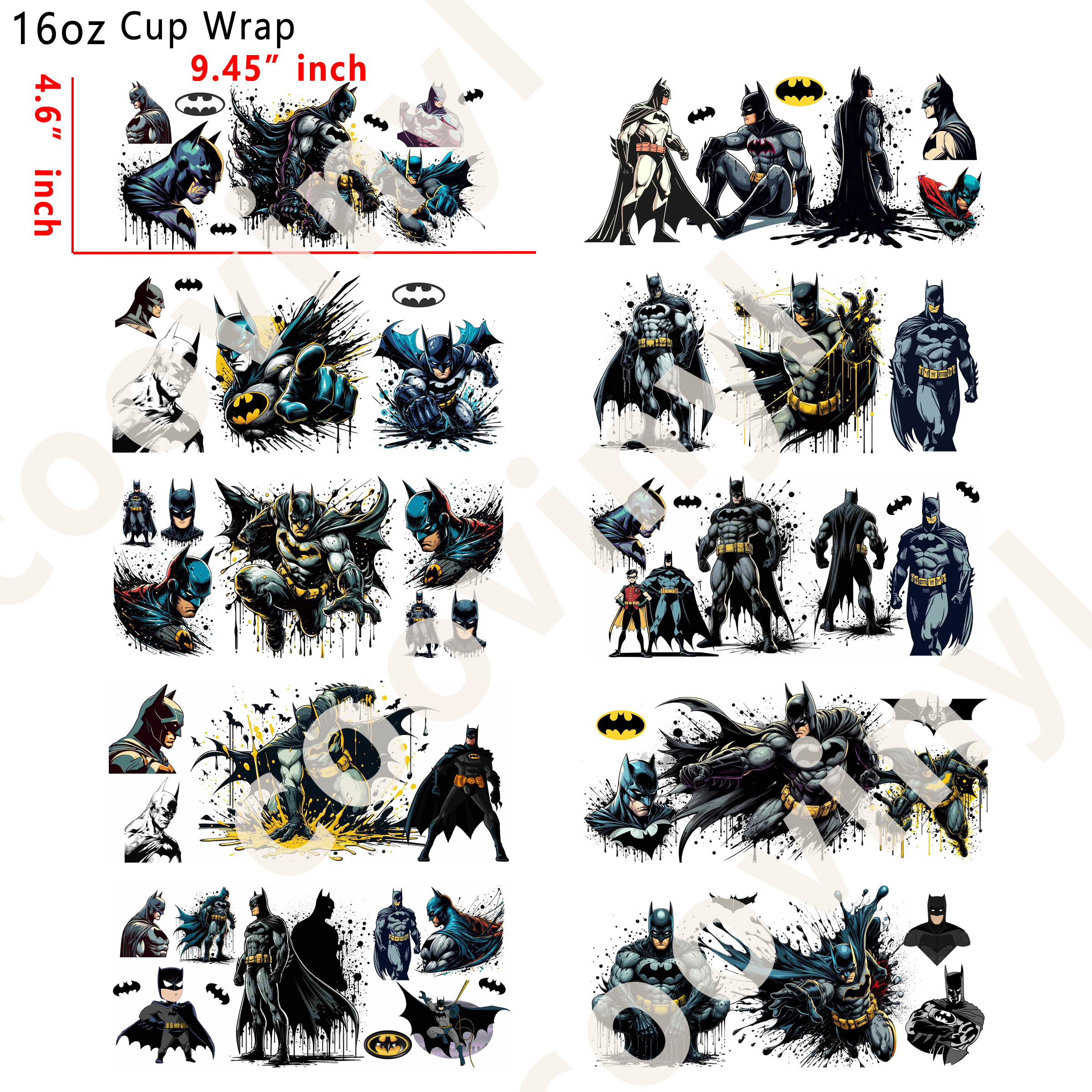 (L43)  10pcs batman 16OZ Tumbler Cup Wraps, Waterproof Fade-Resistant Decal Stickers, Vivid HD Print with Strong Adhesion, Customizable Transfers for Glass Cups, Mugs & Smooth Surfaces, DIY Art Craft Supplies