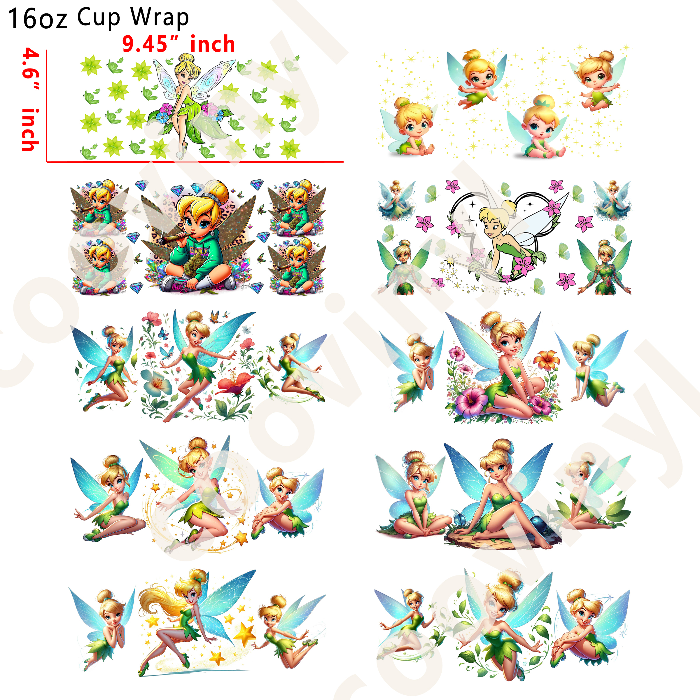 (L44)  10pcs tinkerbell 16OZ Tumbler Cup Wraps, Waterproof Fade-Resistant Decal Stickers, Vivid HD Print with Strong Adhesion, Customizable Transfers for Glass Cups, Mugs & Smooth Surfaces, DIY Art Craft Supplies