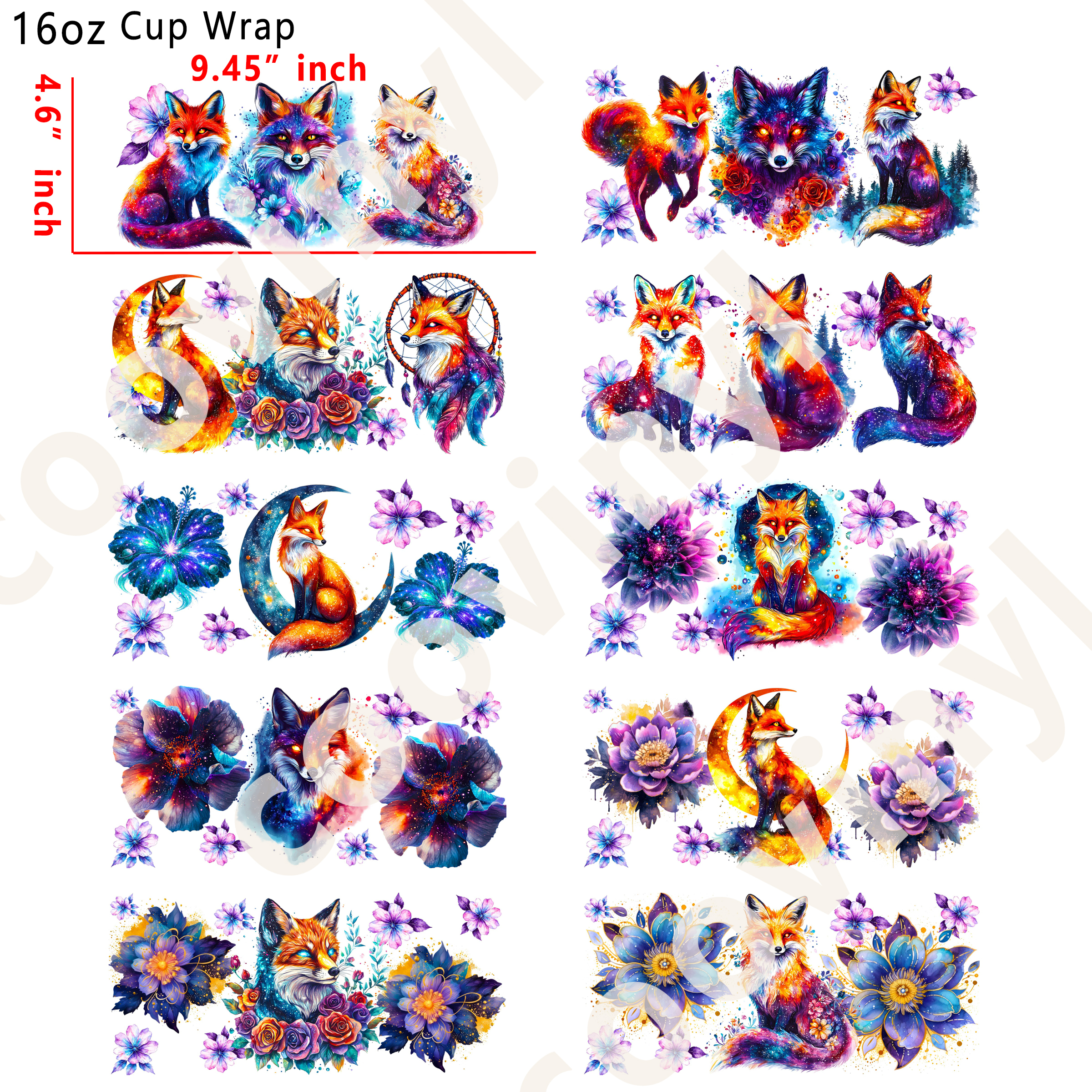(L70)  10pcs fox 16OZ Tumbler Cup Wraps, Waterproof Fade-Resistant Decal Stickers, Vivid HD Print with Strong Adhesion, Customizable Transfers for Glass Cups, Mugs & Smooth Surfaces, DIY Art Craft Supplies