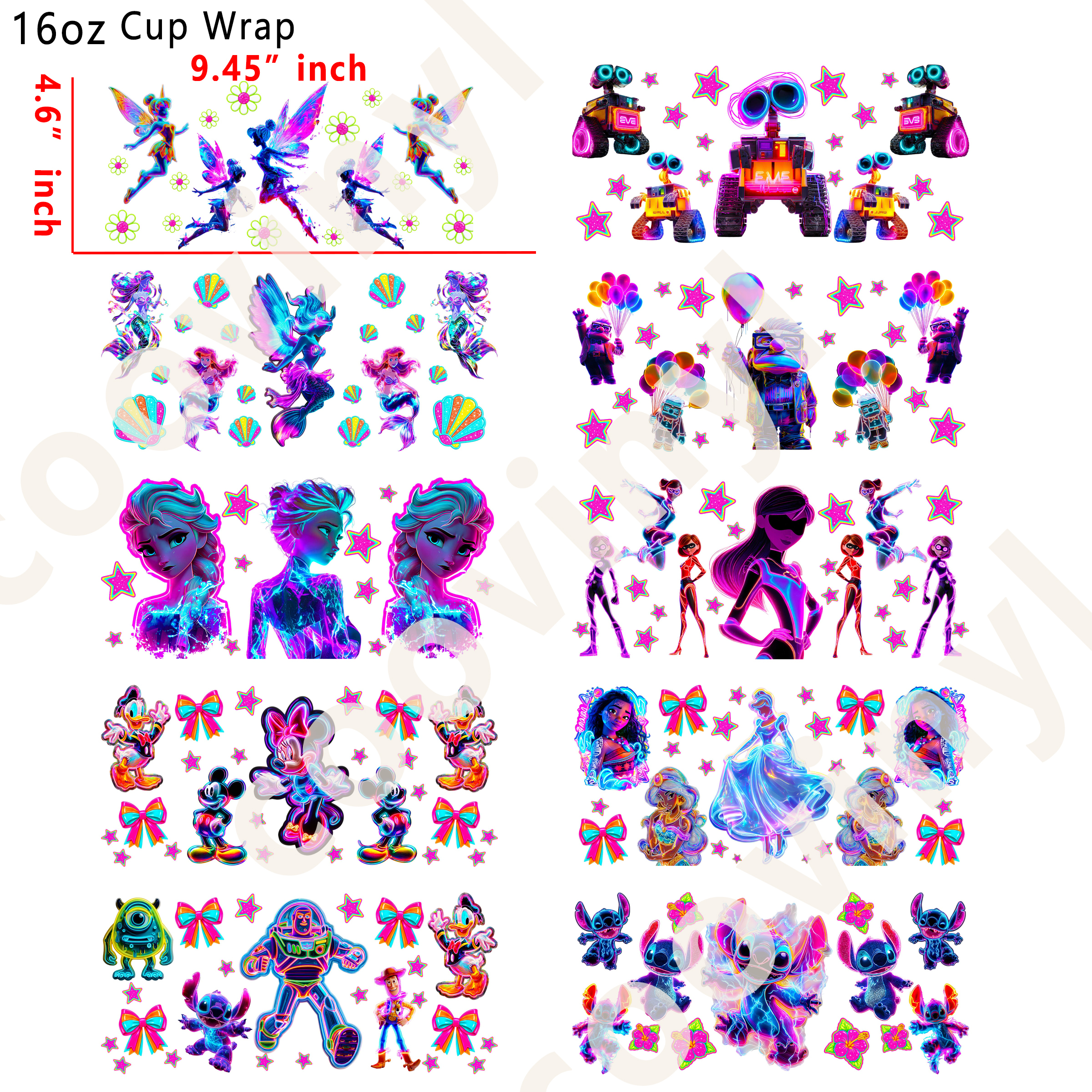 (L79)  10pcs iridescent disney 16OZ Tumbler Cup Wraps, Waterproof Fade-Resistant Decal Stickers, Vivid HD Print with Strong Adhesion, Customizable Transfers for Glass Cups, Mugs & Smooth Surfaces, DIY Art Craft Supplies