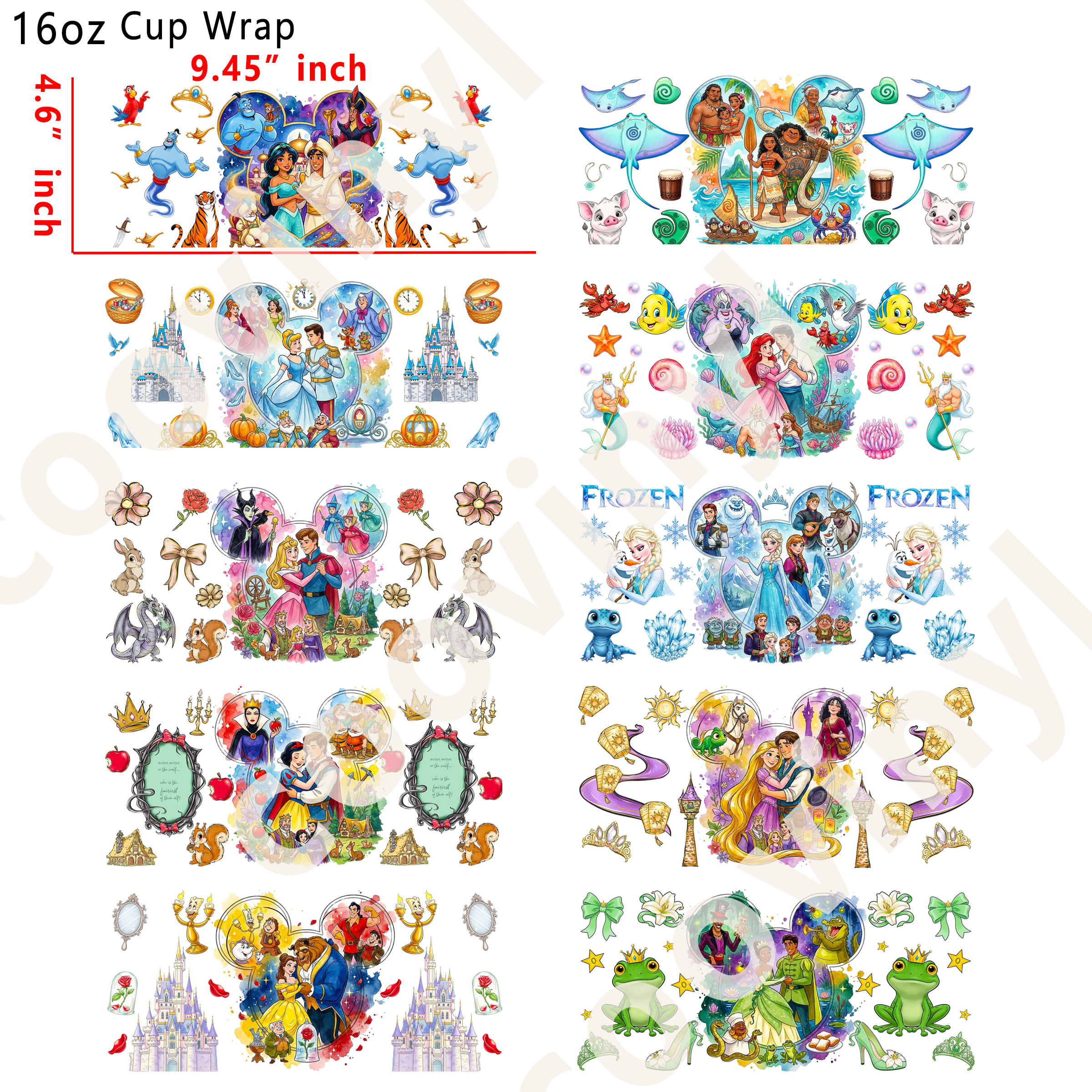 (L80)  10pcs princess mix 16OZ Tumbler Cup Wraps, Waterproof Fade-Resistant Decal Stickers, Vivid HD Print with Strong Adhesion, Customizable Transfers for Glass Cups, Mugs & Smooth Surfaces, DIY Art Craft Supplies