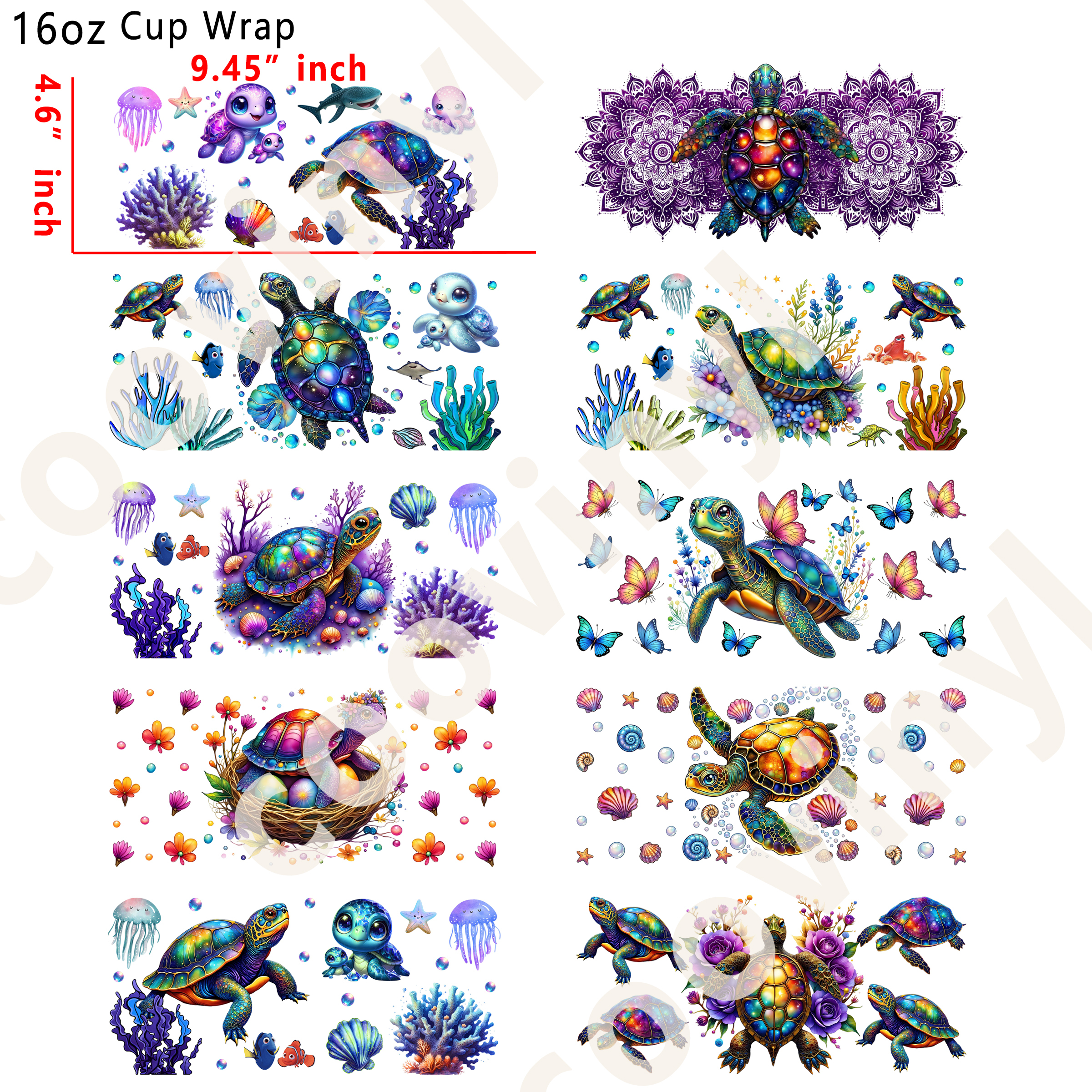(M25)  10pcs Sea turtle 16OZ Tumbler Cup Wraps, Waterproof Fade-Resistant Decal Stickers, Vivid HD Print with Strong Adhesion, Customizable Transfers for Glass Cups, Mugs & Smooth Surfaces, DIY Art Craft Supplies