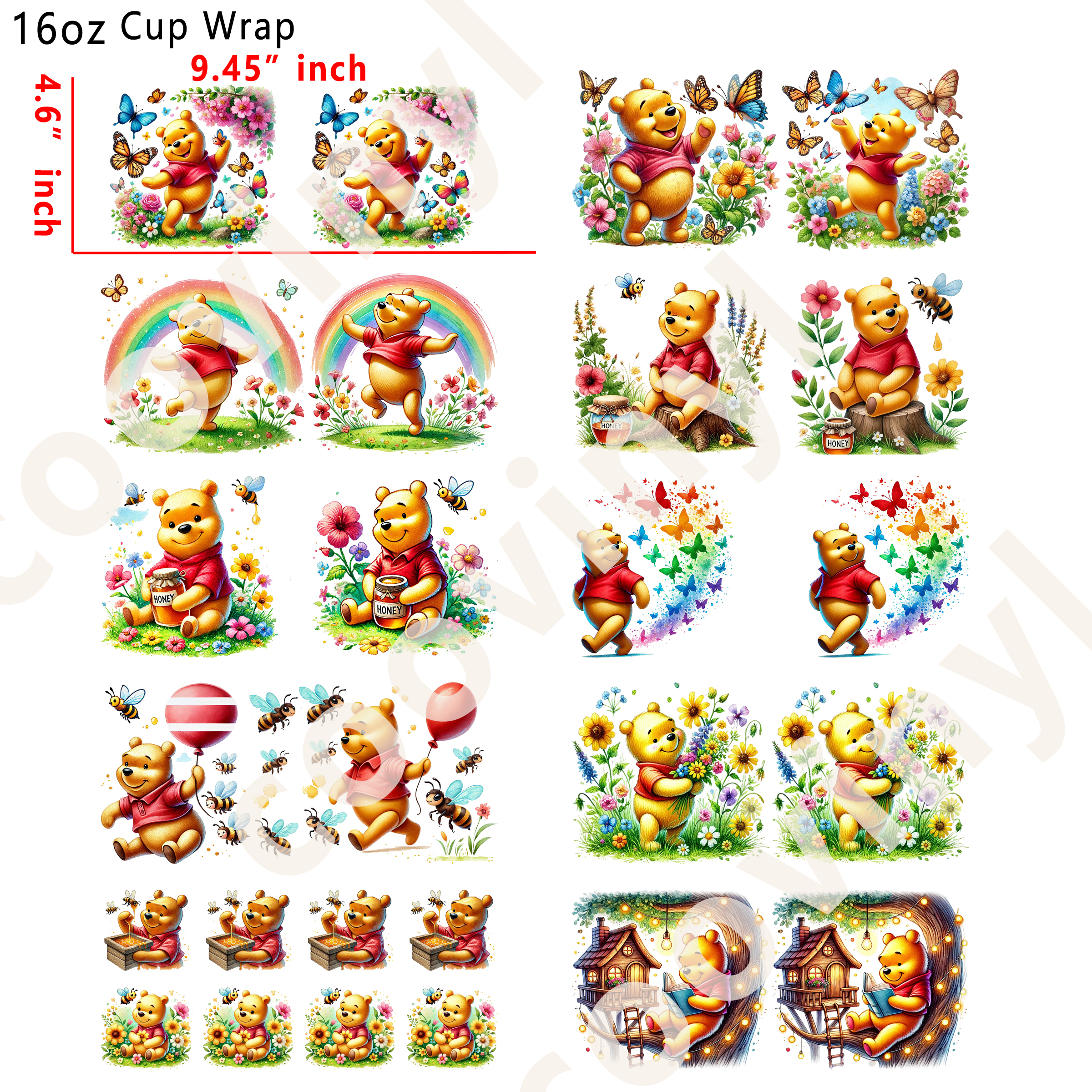 (M26)  10pcs pooh 16OZ Tumbler Cup Wraps, Waterproof Fade-Resistant Decal Stickers, Vivid HD Print with Strong Adhesion, Customizable Transfers for Glass Cups, Mugs & Smooth Surfaces, DIY Art Craft Supplies