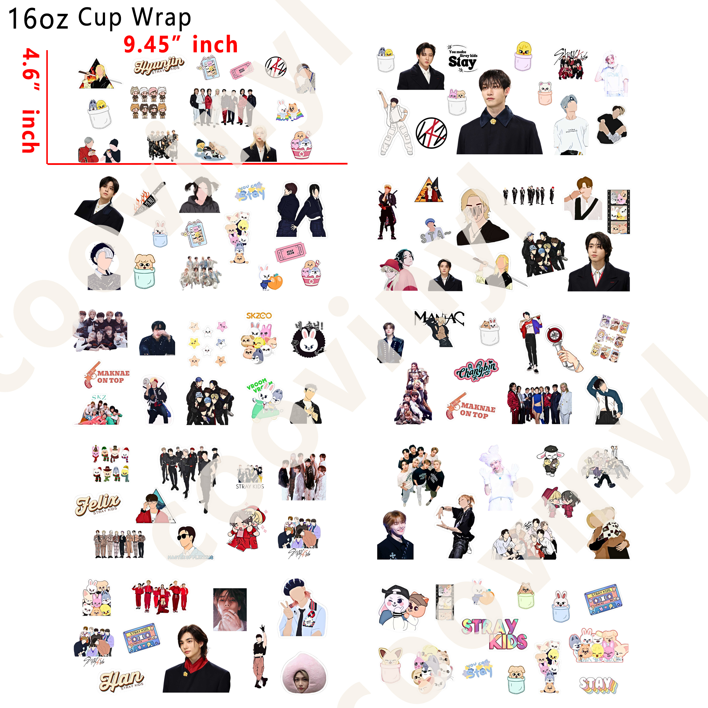 (M3)  10pcs stray kids 16OZ Tumbler Cup Wraps, Waterproof Fade-Resistant Decal Stickers, Vivid HD Print with Strong Adhesion, Customizable Transfers for Glass Cups, Mugs & Smooth Surfaces, DIY Art Craft Supplies