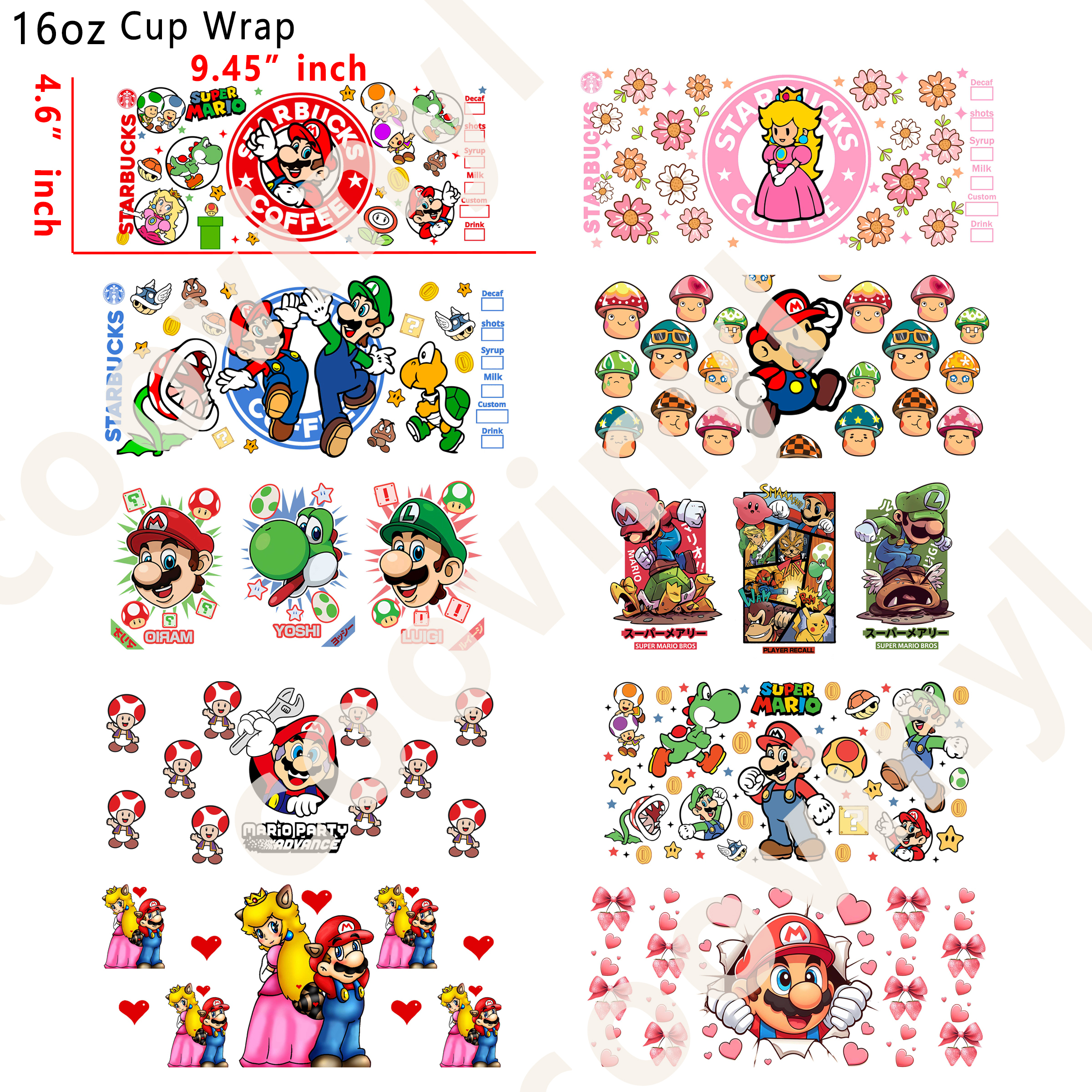(M48)  10pcs mario 16OZ Tumbler Cup Wraps, Waterproof Fade-Resistant Decal Stickers, Vivid HD Print with Strong Adhesion, Customizable Transfers for Glass Cups, Mugs & Smooth Surfaces, DIY Art Craft Supplies