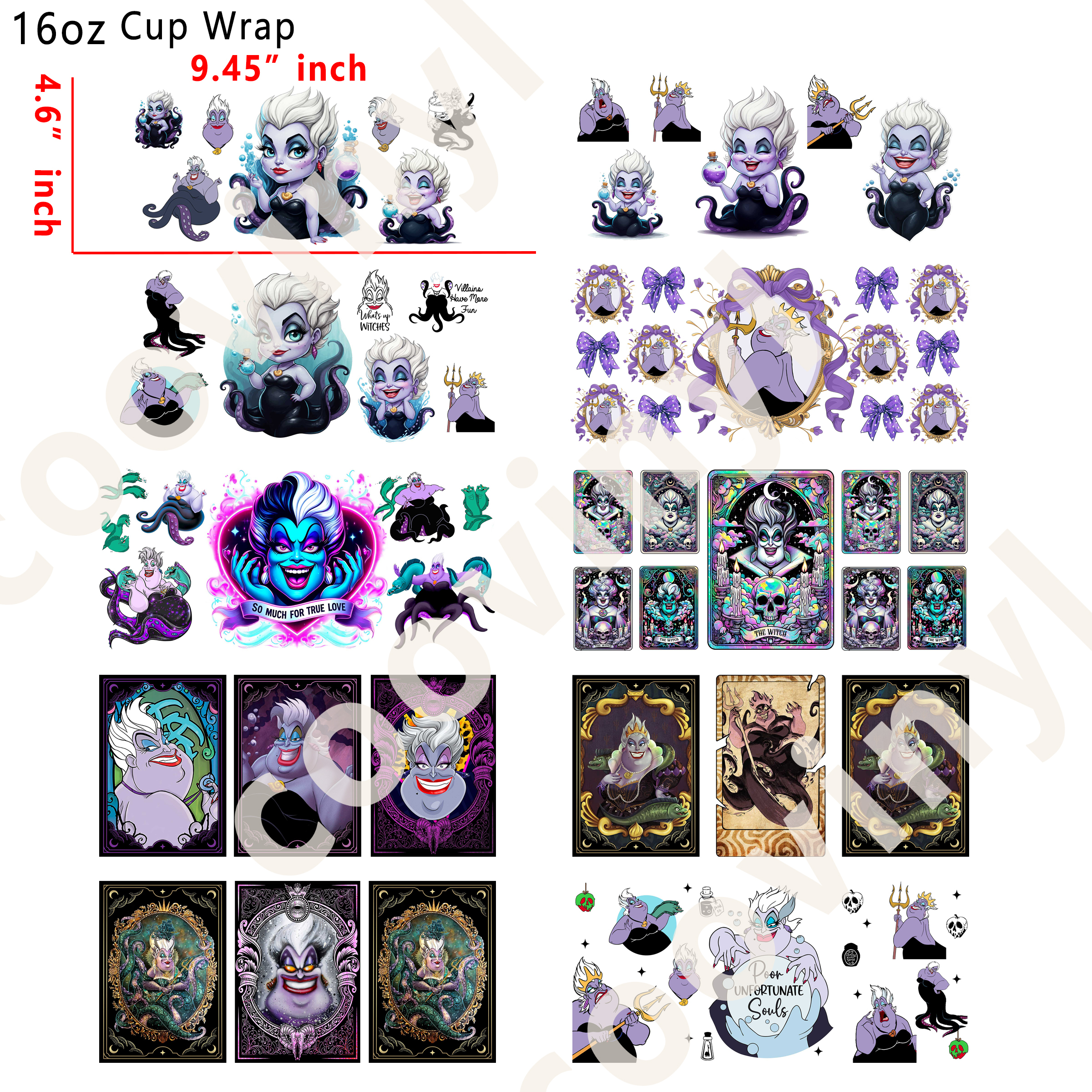 (M53)  10pcs Ursula 16OZ Tumbler Cup Wraps, Waterproof Fade-Resistant Decal Stickers, Vivid HD Print with Strong Adhesion, Customizable Transfers for Glass Cups, Mugs & Smooth Surfaces, DIY Art Craft Supplies