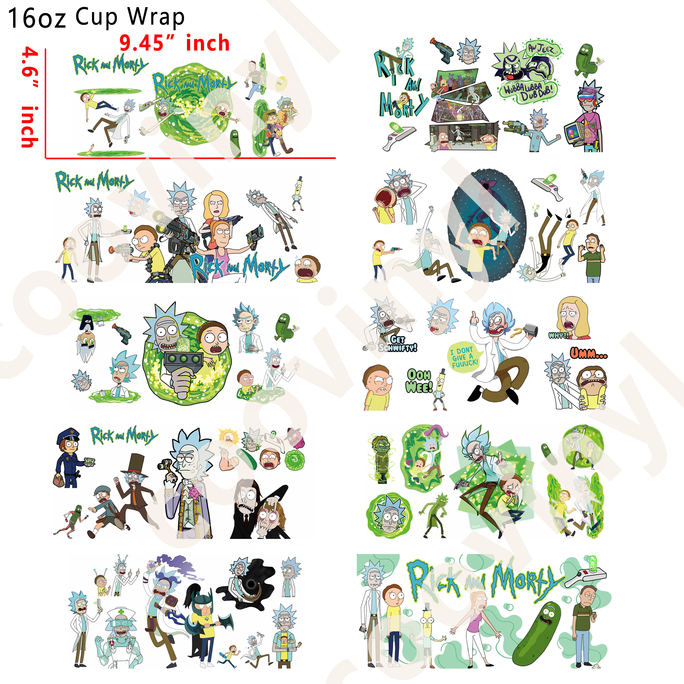 (M61)  10pcs rick&morty 16OZ Tumbler Cup Wraps, Waterproof Fade-Resistant Decal Stickers, Vivid HD Print with Strong Adhesion, Customizable Transfers for Glass Cups, Mugs & Smooth Surfaces, DIY Art Craft Supplies